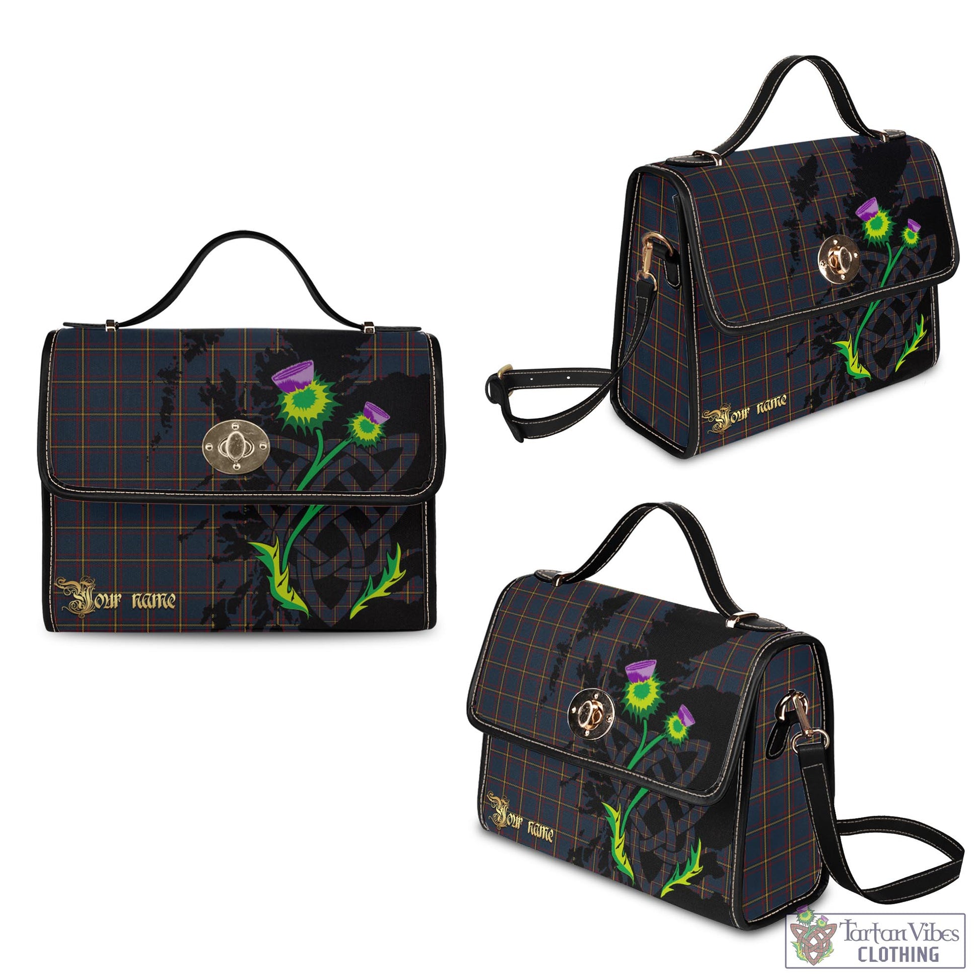 Tartan Vibes Clothing MacLaine of Lochbuie Hunting Tartan Waterproof Canvas Bag with Scotland Map and Thistle Celtic Accents