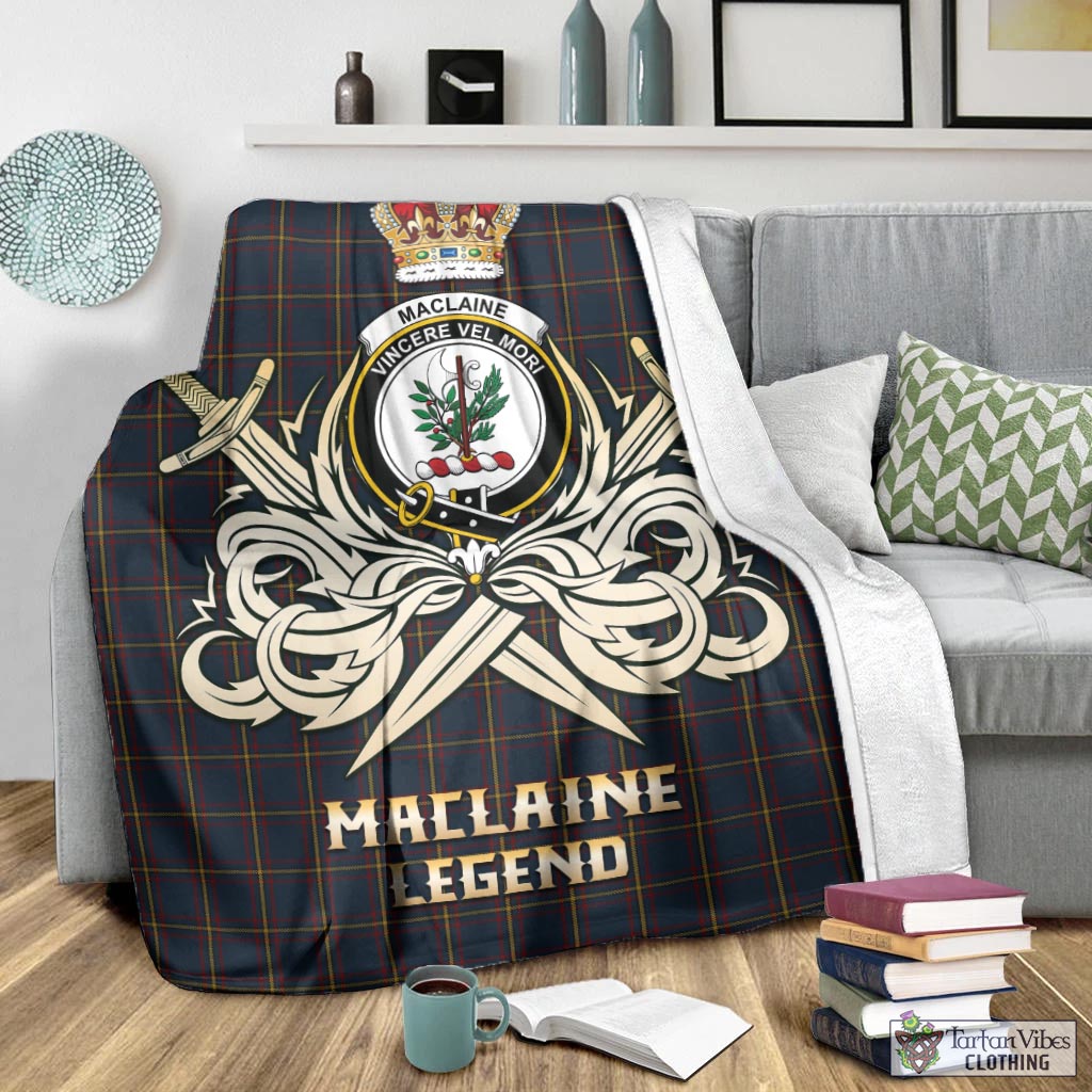 Tartan Vibes Clothing MacLaine of Lochbuie Hunting Tartan Blanket with Clan Crest and the Golden Sword of Courageous Legacy