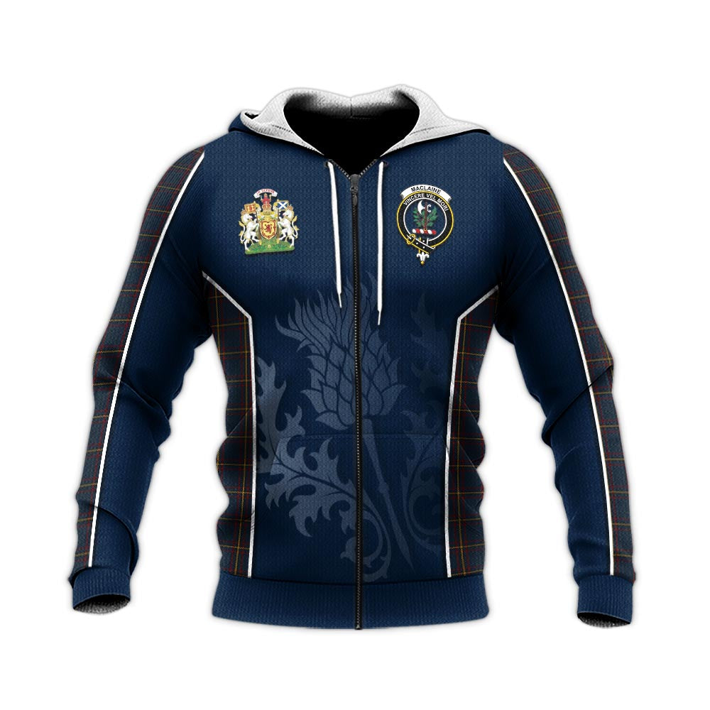 Tartan Vibes Clothing MacLaine of Lochbuie Hunting Tartan Knitted Hoodie with Family Crest and Scottish Thistle Vibes Sport Style