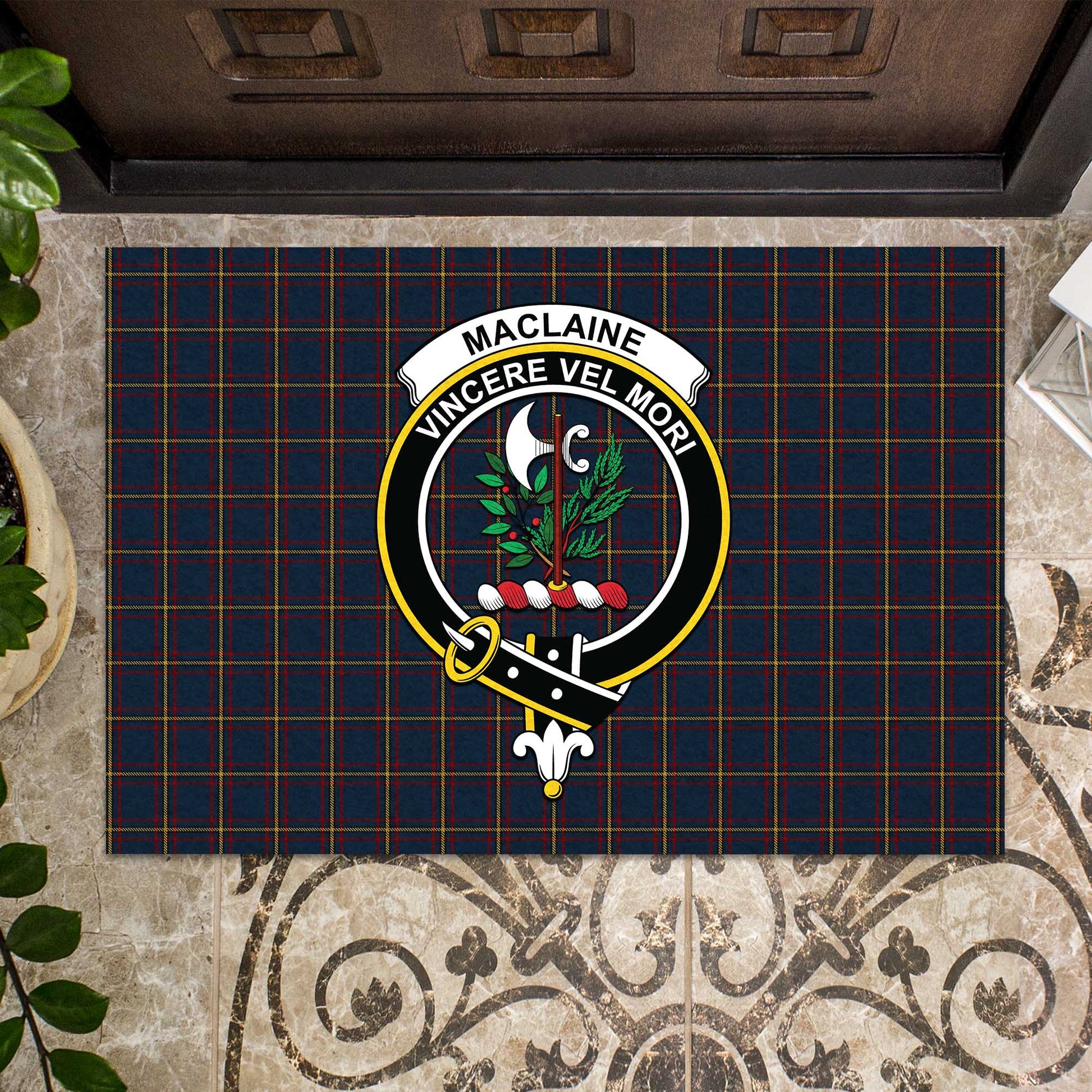 MacLaine of Lochbuie Hunting Tartan Door Mat with Family Crest - Tartanvibesclothing