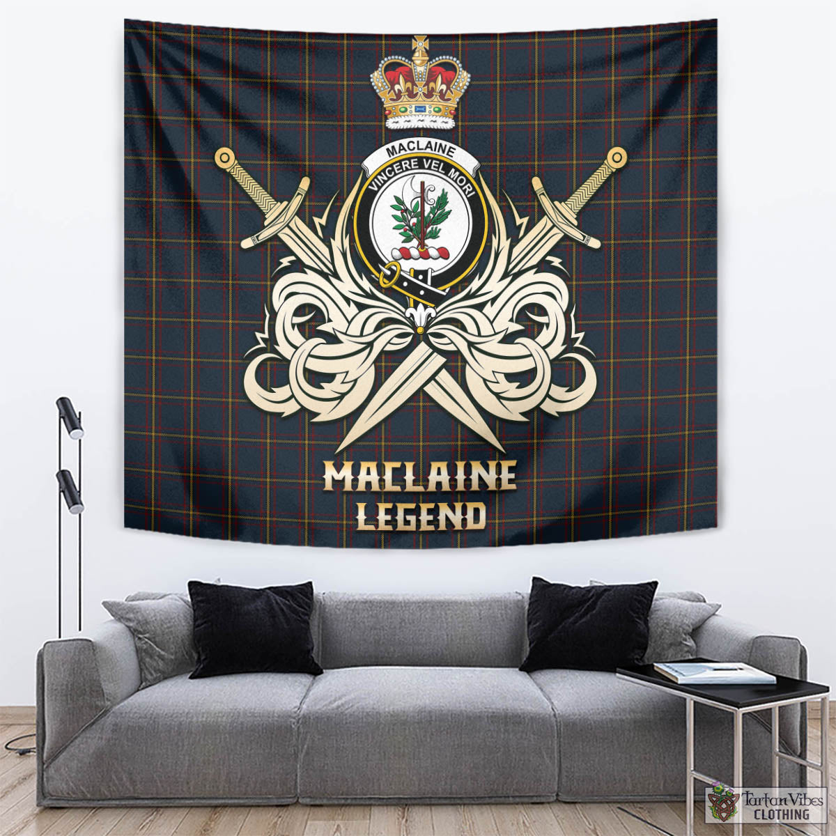 Tartan Vibes Clothing MacLaine of Lochbuie Hunting Tartan Tapestry with Clan Crest and the Golden Sword of Courageous Legacy