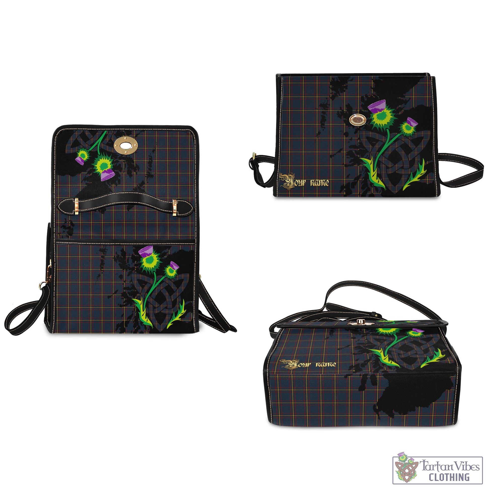 Tartan Vibes Clothing MacLaine of Lochbuie Hunting Tartan Waterproof Canvas Bag with Scotland Map and Thistle Celtic Accents