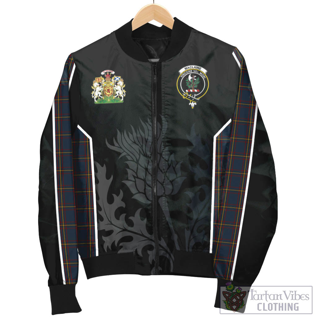 Tartan Vibes Clothing MacLaine of Lochbuie Hunting Tartan Bomber Jacket with Family Crest and Scottish Thistle Vibes Sport Style