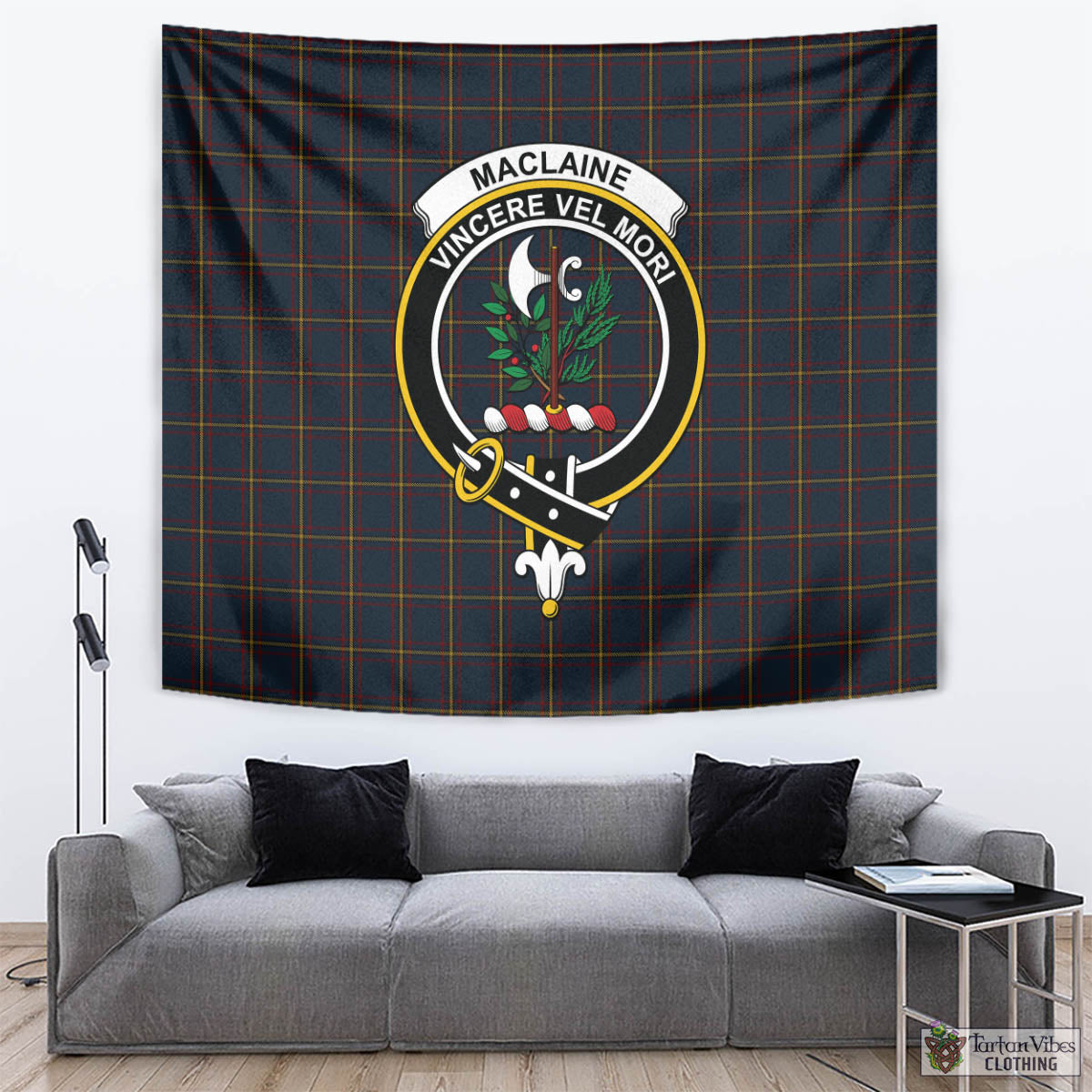 Tartan Vibes Clothing MacLaine of Lochbuie Hunting Tartan Tapestry Wall Hanging and Home Decor for Room with Family Crest