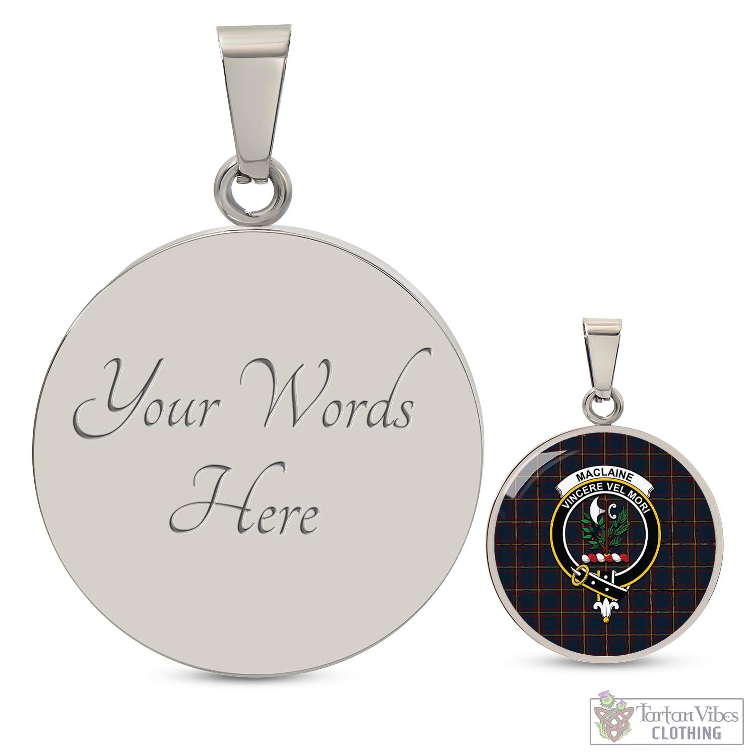 Tartan Vibes Clothing MacLaine of Lochbuie Hunting Tartan Circle Necklace with Family Crest