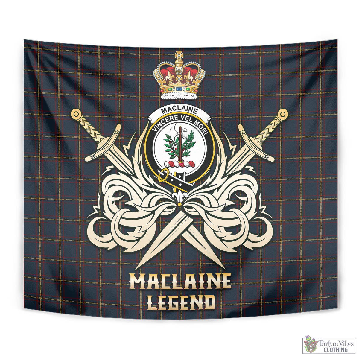 Tartan Vibes Clothing MacLaine of Lochbuie Hunting Tartan Tapestry with Clan Crest and the Golden Sword of Courageous Legacy