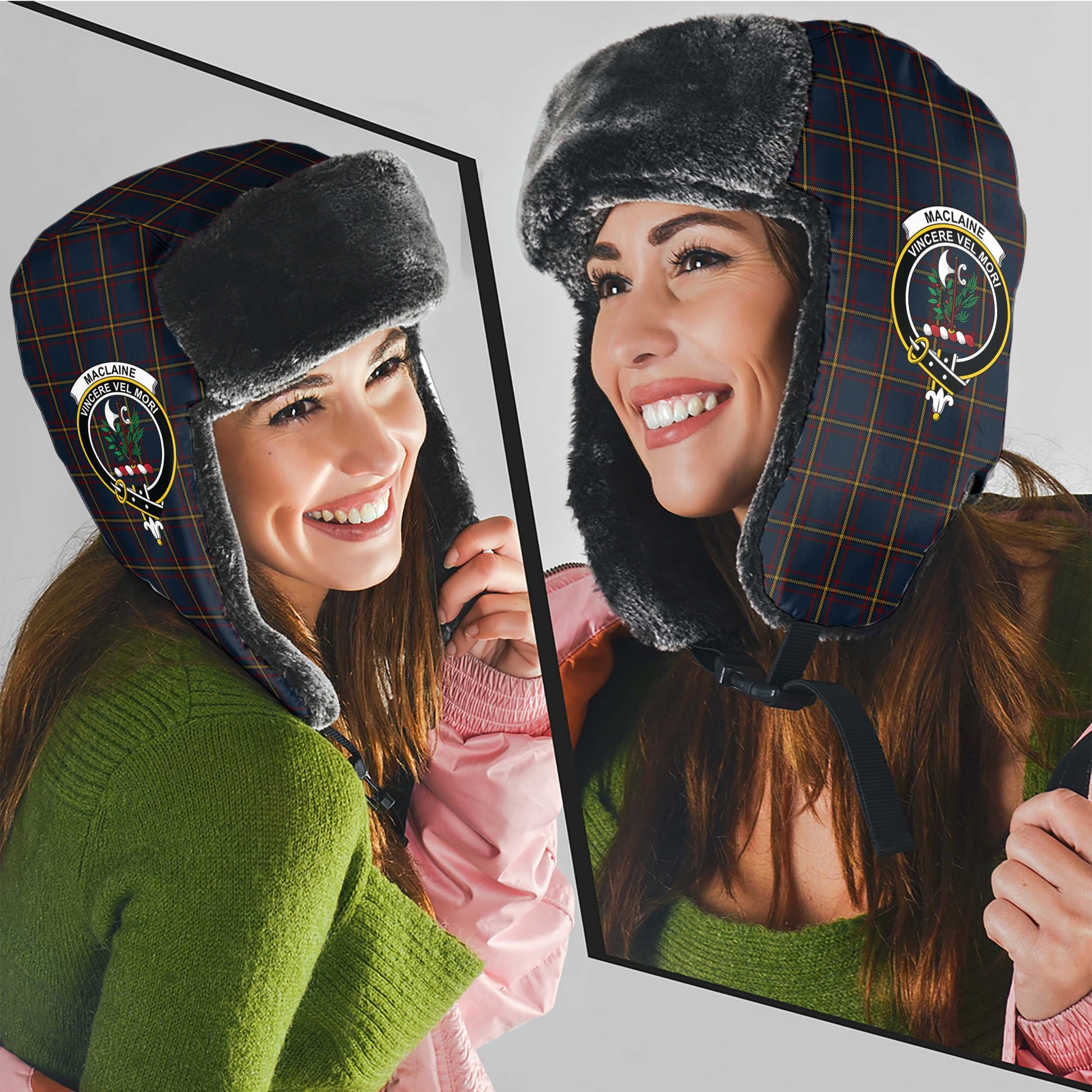 MacLaine of Lochbuie Hunting Tartan Winter Trapper Hat with Family Crest - Tartanvibesclothing