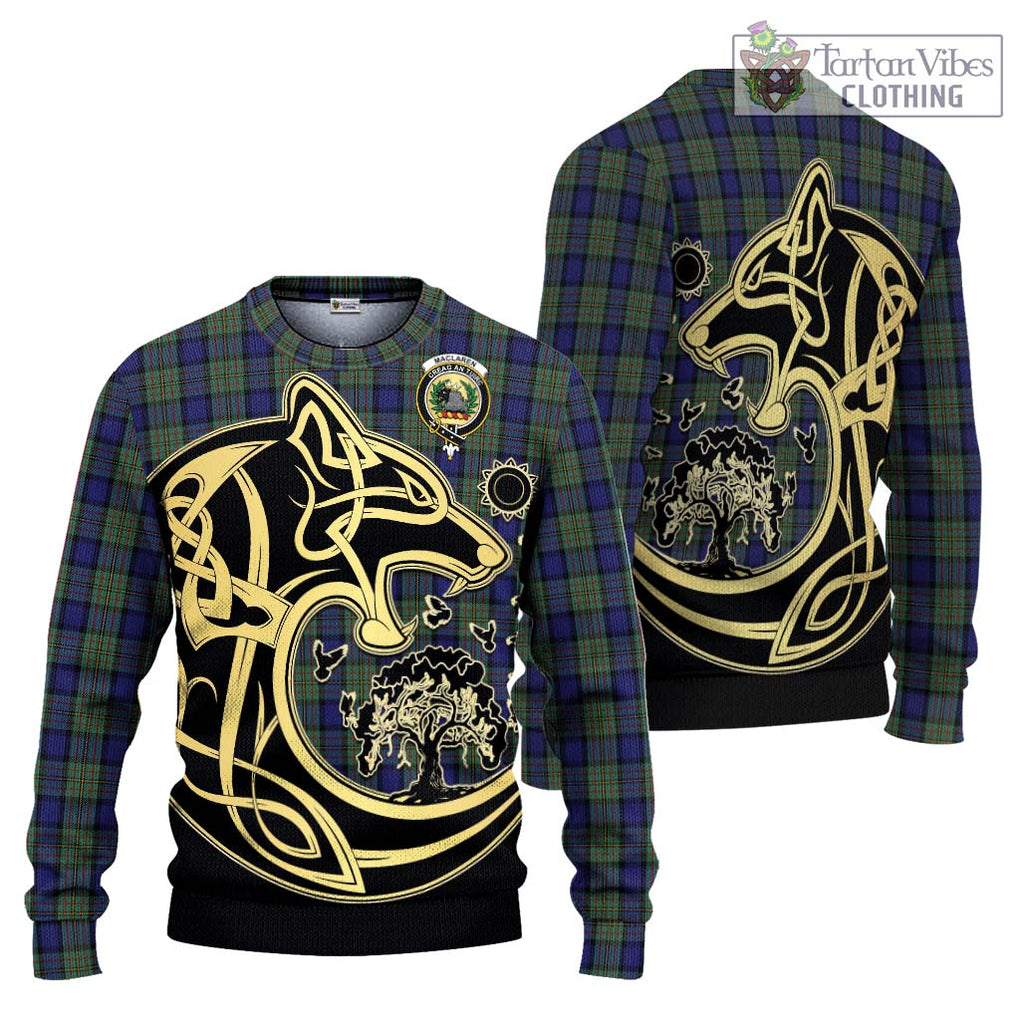 MacLaren (McLaren) Tartan Knitted Sweater with Family Crest Celtic Wolf Style Unisex - Tartan Vibes Clothing