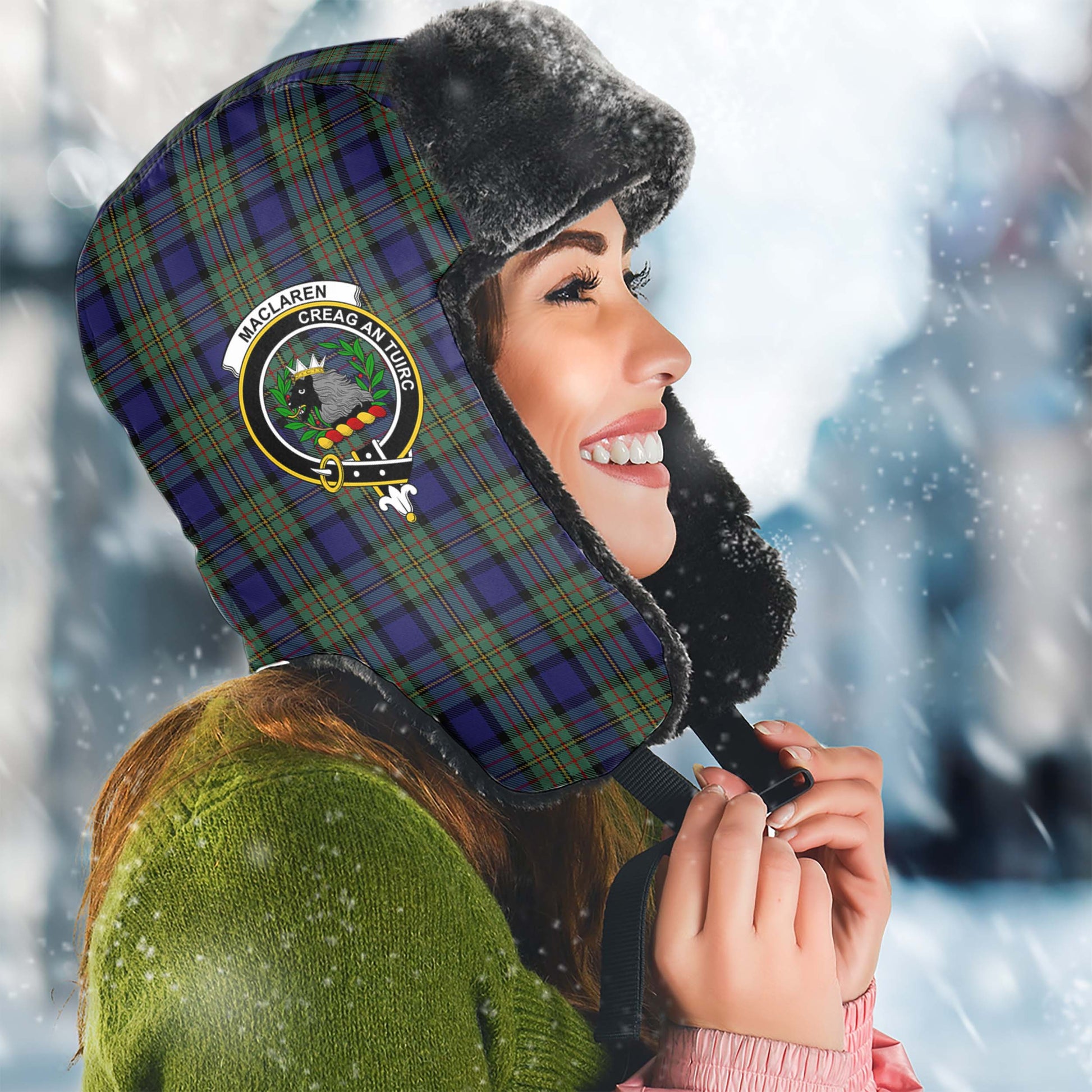 MacLaren Tartan Winter Trapper Hat with Family Crest Winter Trapper Hat Universal Fit Circumference 22.8in (58cm) - Tartanvibesclothing