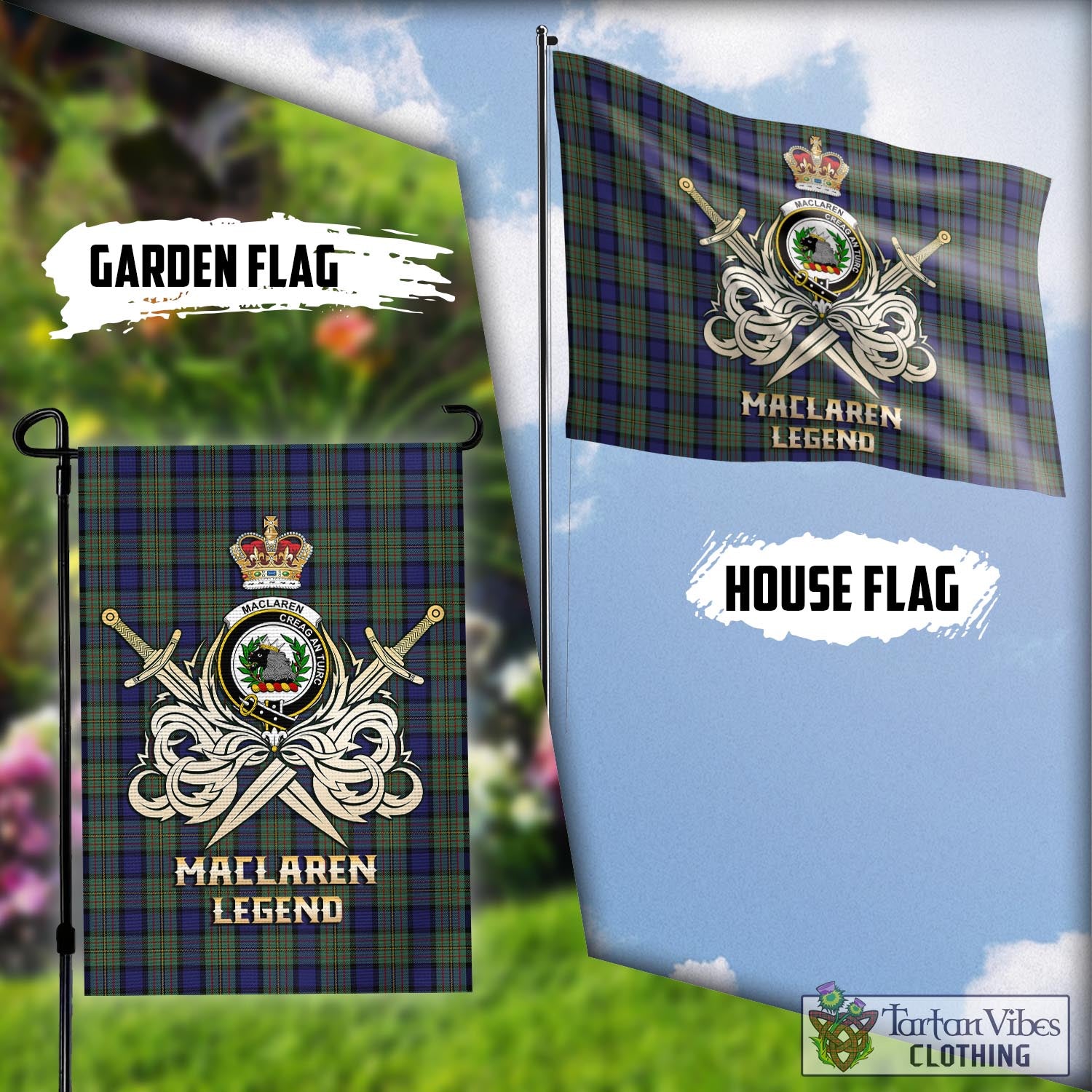 Tartan Vibes Clothing MacLaren Tartan Flag with Clan Crest and the Golden Sword of Courageous Legacy