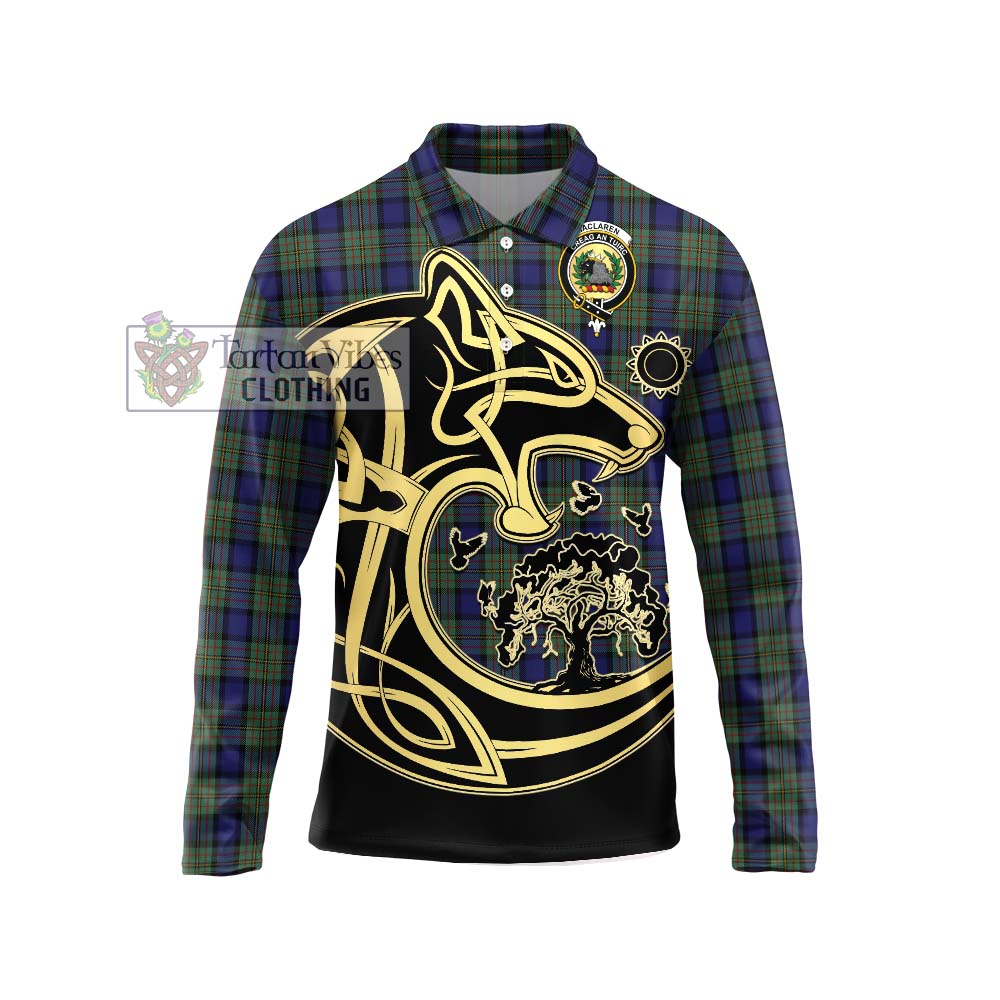 MacLaren (McLaren) Tartan Long Sleeve Polo Shirt with Family Crest Celtic Wolf Style Unisex - Tartanvibesclothing Shop