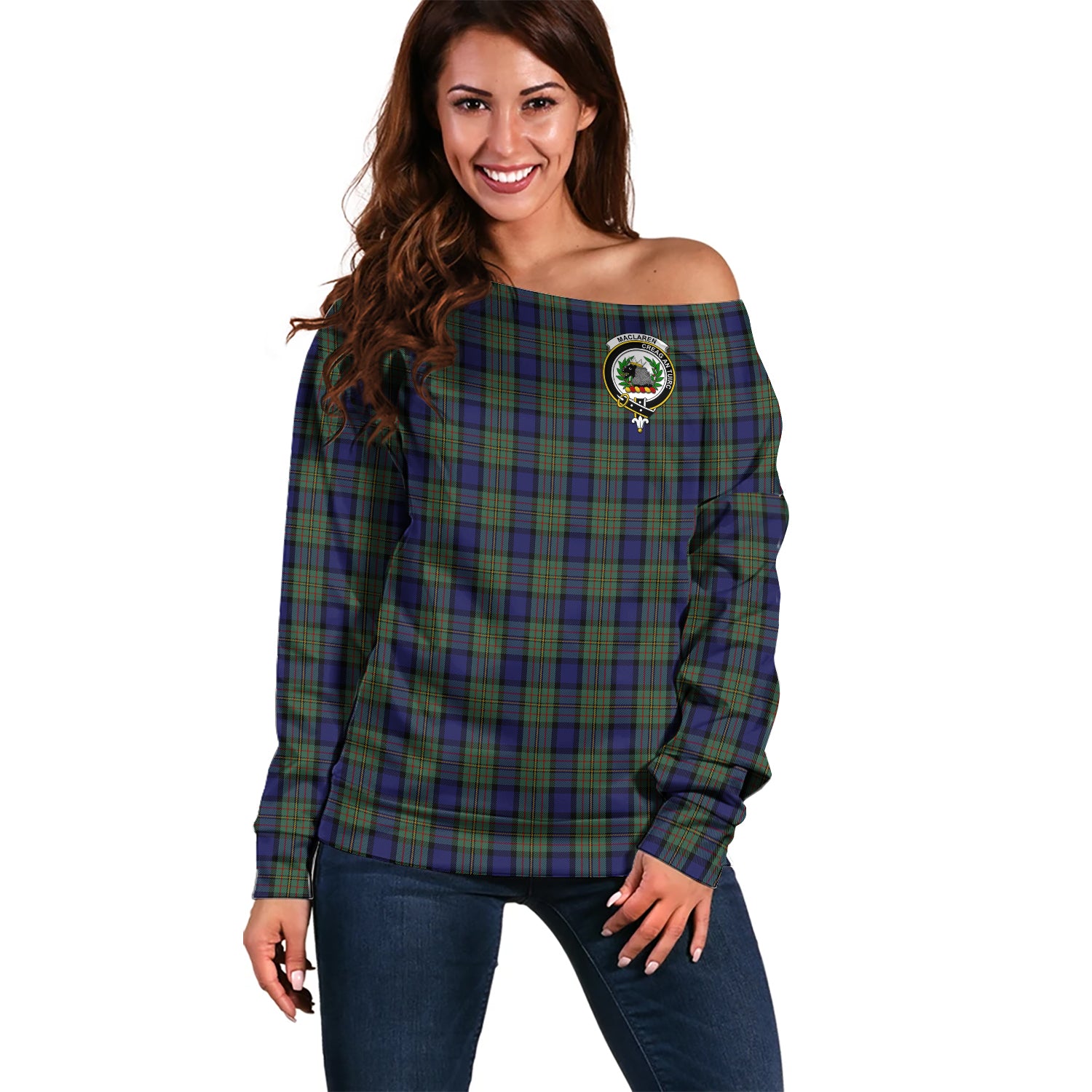 MacLaren Tartan Off Shoulder Women Sweater with Family Crest Women - Tartanvibesclothing