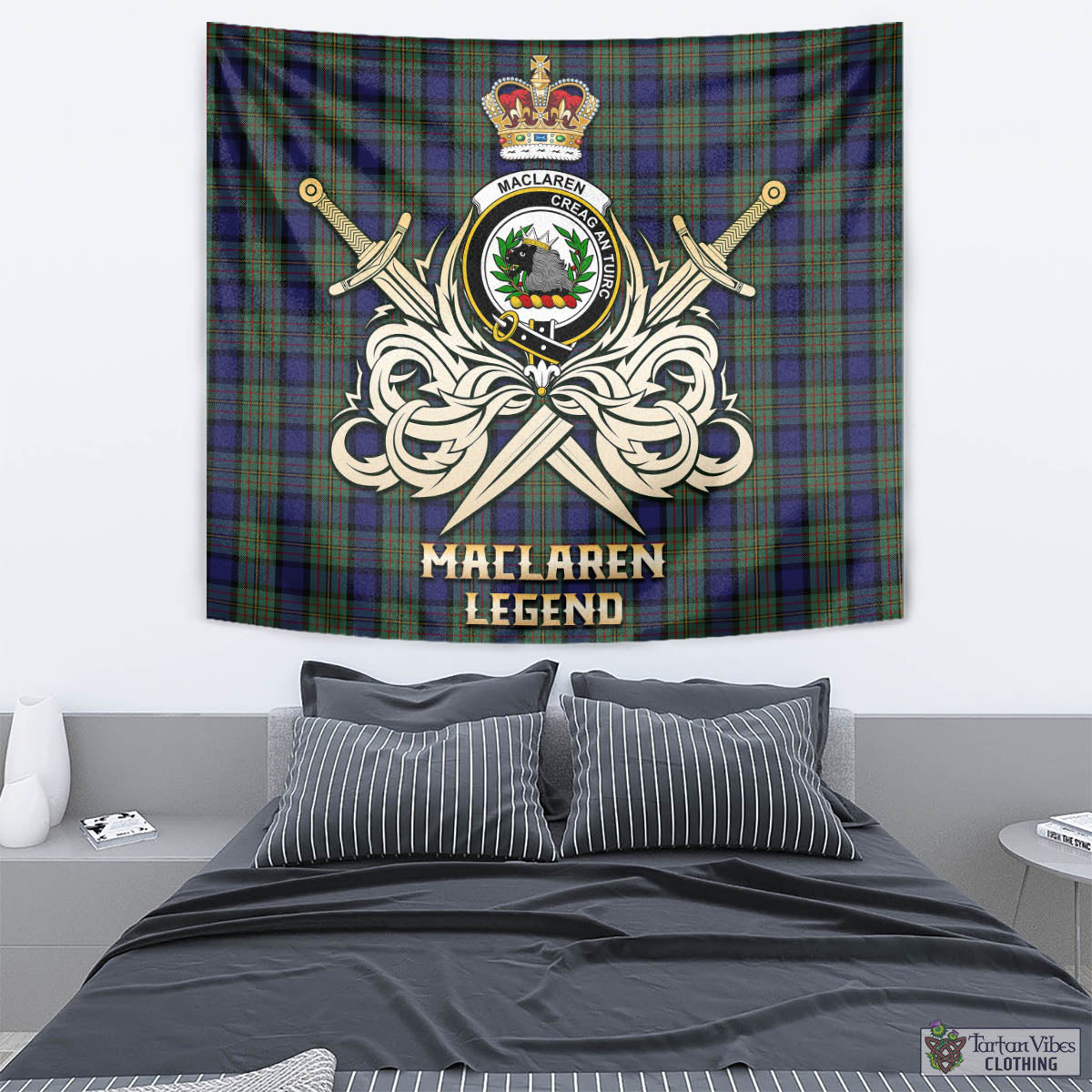 Tartan Vibes Clothing MacLaren Tartan Tapestry with Clan Crest and the Golden Sword of Courageous Legacy