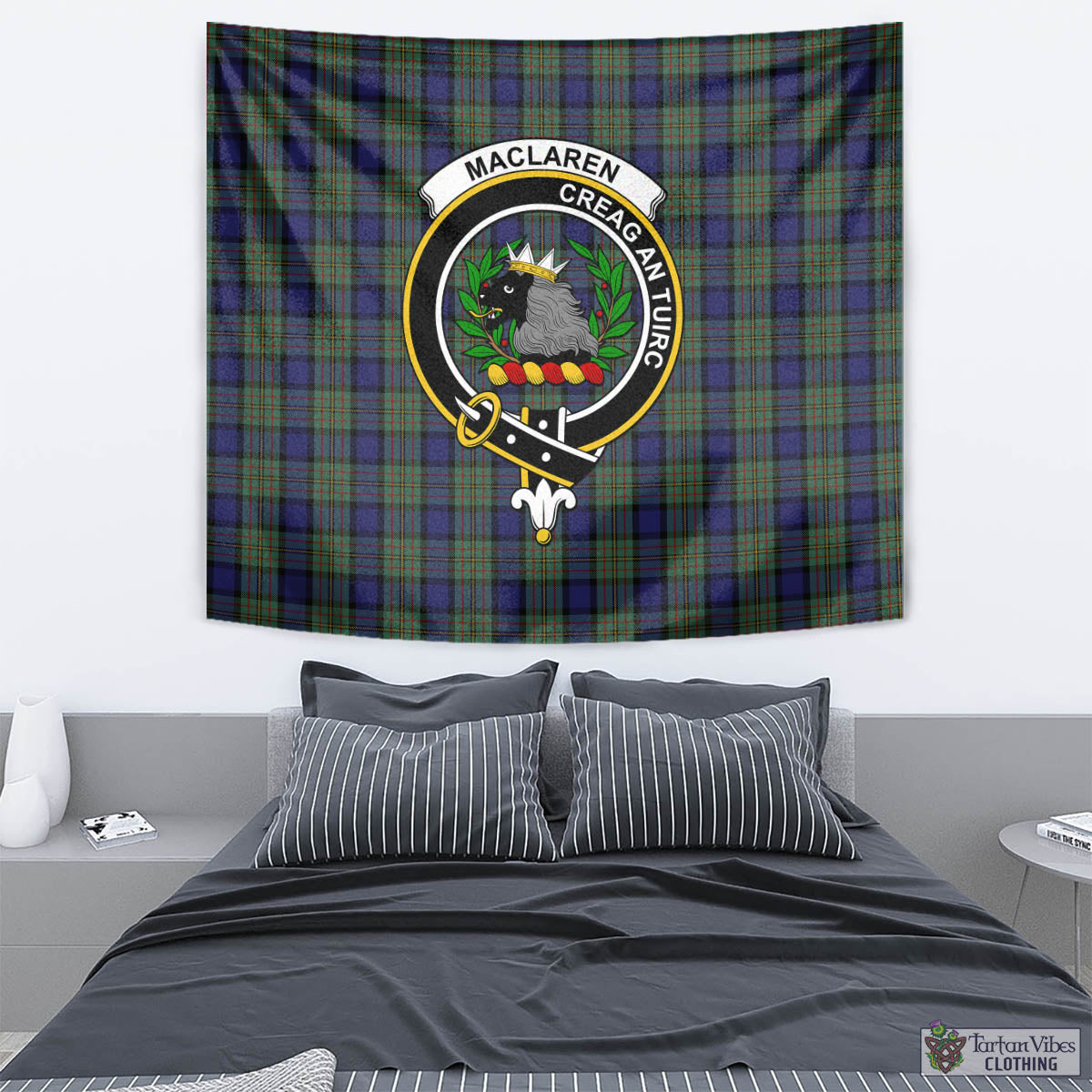 Tartan Vibes Clothing MacLaren Tartan Tapestry Wall Hanging and Home Decor for Room with Family Crest