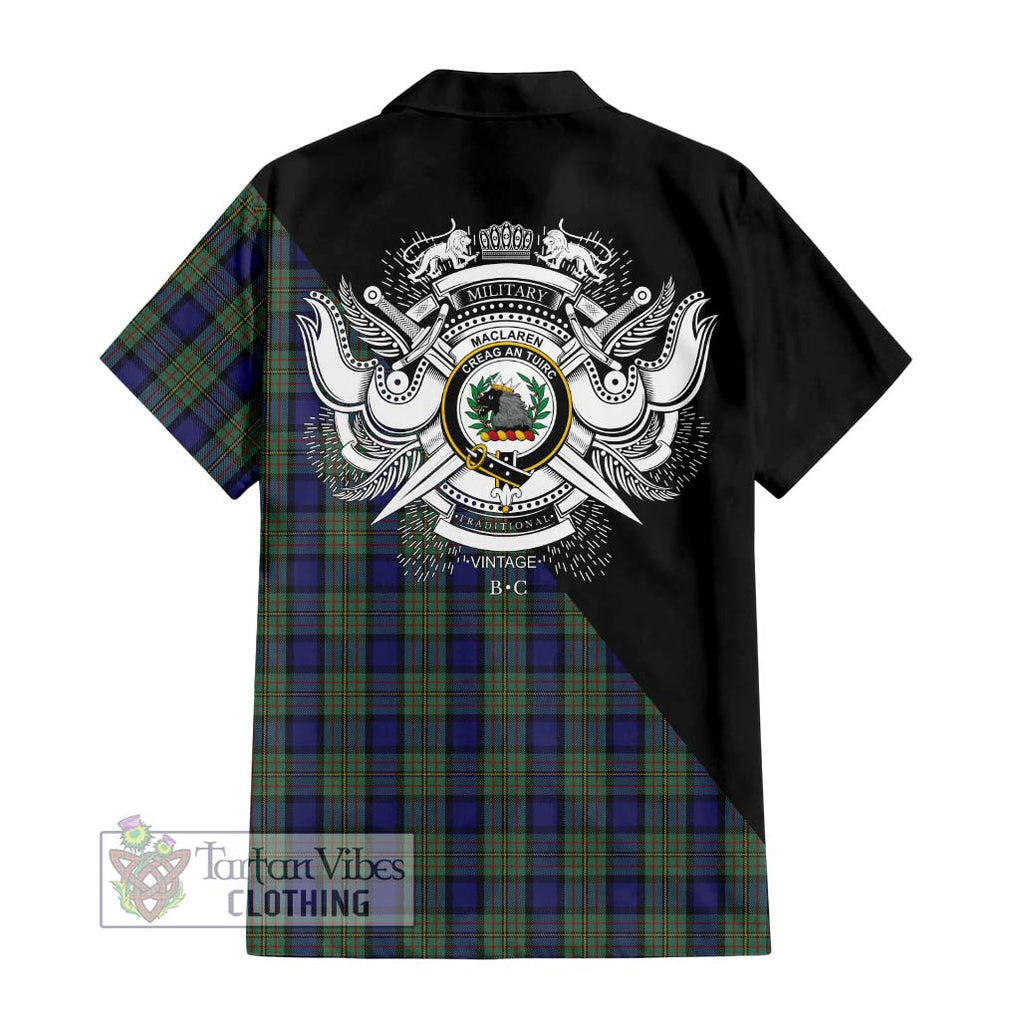 MacLaren (McLaren) Tartan Short Sleeve Button Shirt with Family Crest and Military Logo Style - Tartanvibesclothing Shop