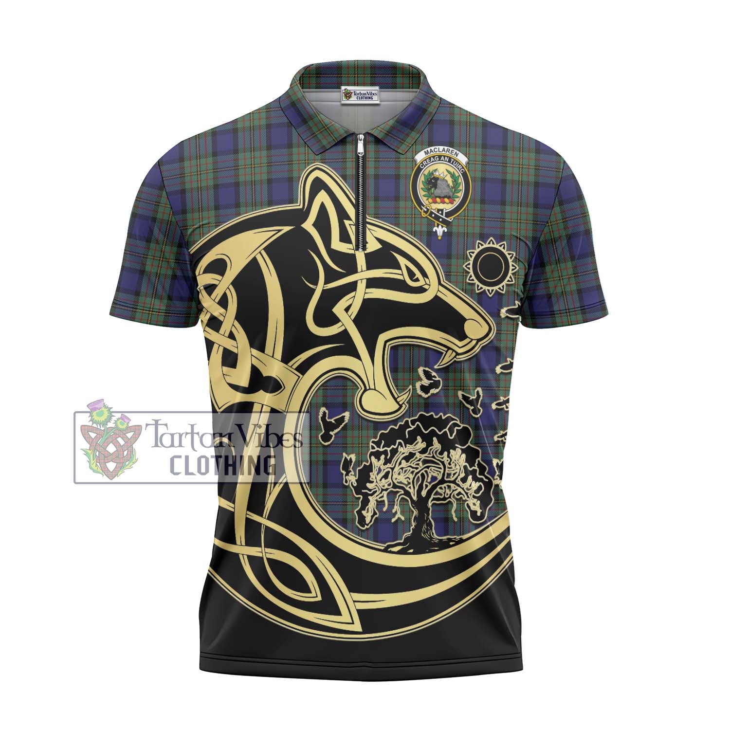 MacLaren (McLaren) Tartan Zipper Polo Shirt with Family Crest Celtic Wolf Style - Tartanvibesclothing Shop