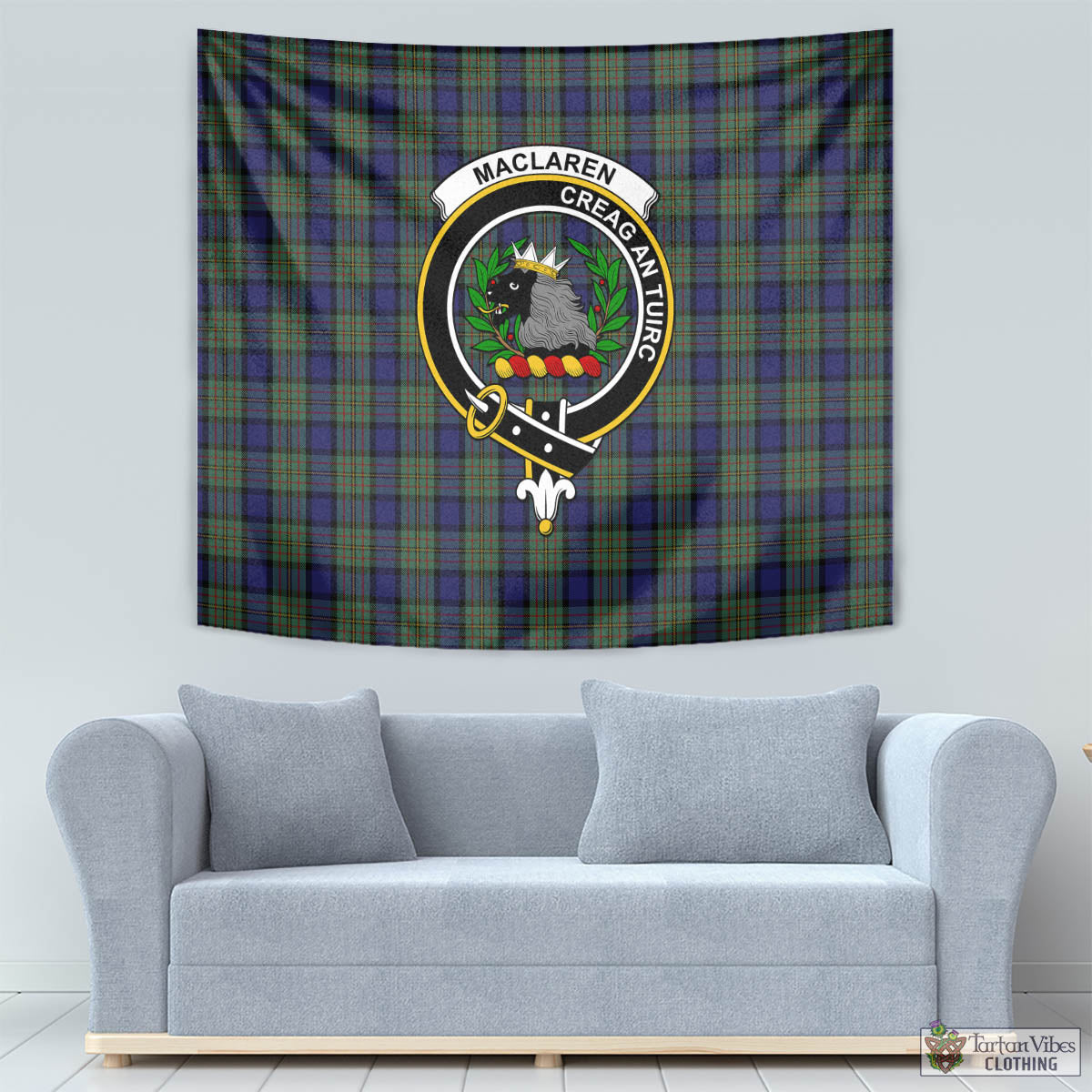 Tartan Vibes Clothing MacLaren Tartan Tapestry Wall Hanging and Home Decor for Room with Family Crest