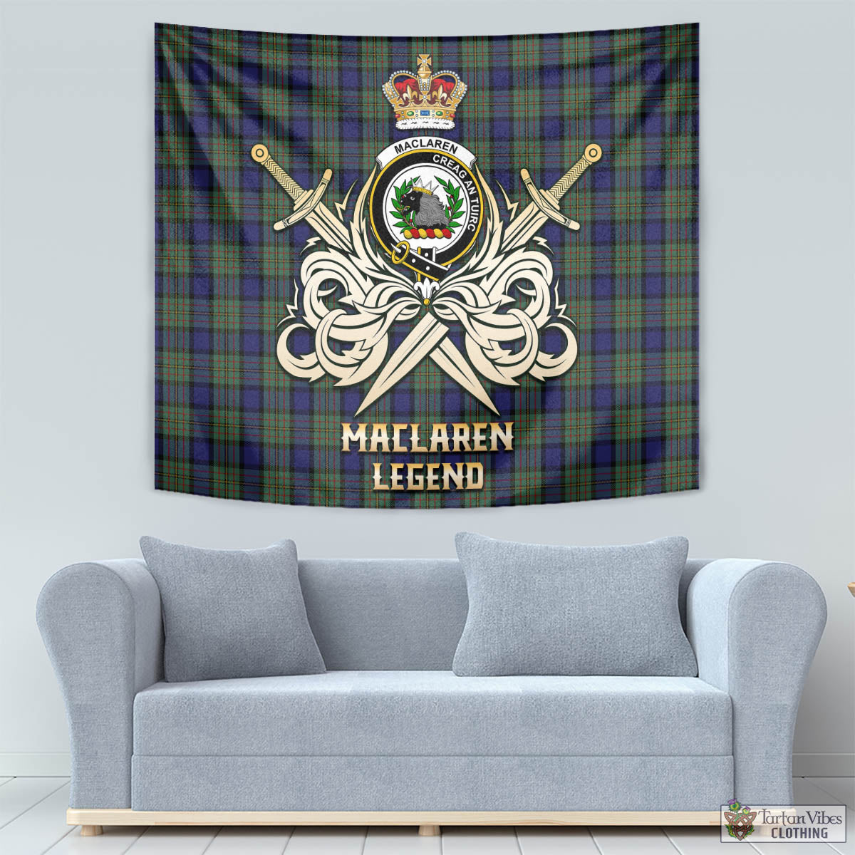 Tartan Vibes Clothing MacLaren Tartan Tapestry with Clan Crest and the Golden Sword of Courageous Legacy