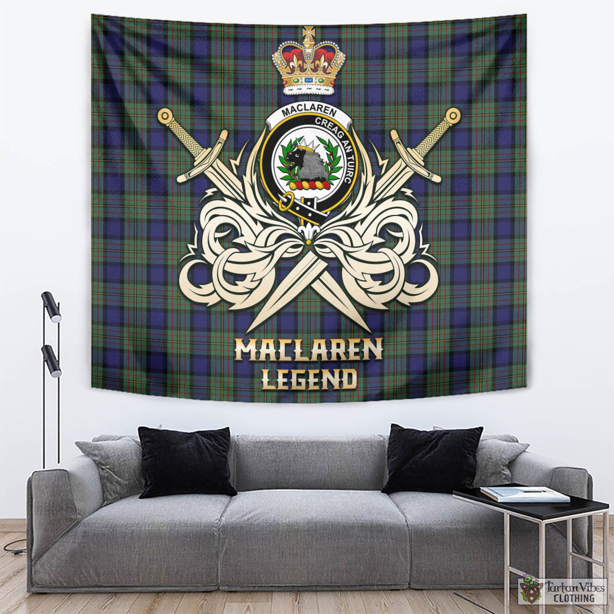 Tartan Vibes Clothing MacLaren Tartan Tapestry with Clan Crest and the Golden Sword of Courageous Legacy