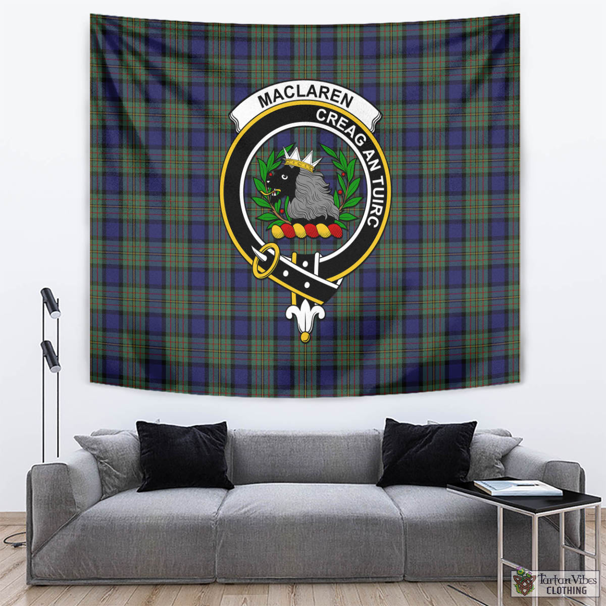 Tartan Vibes Clothing MacLaren Tartan Tapestry Wall Hanging and Home Decor for Room with Family Crest