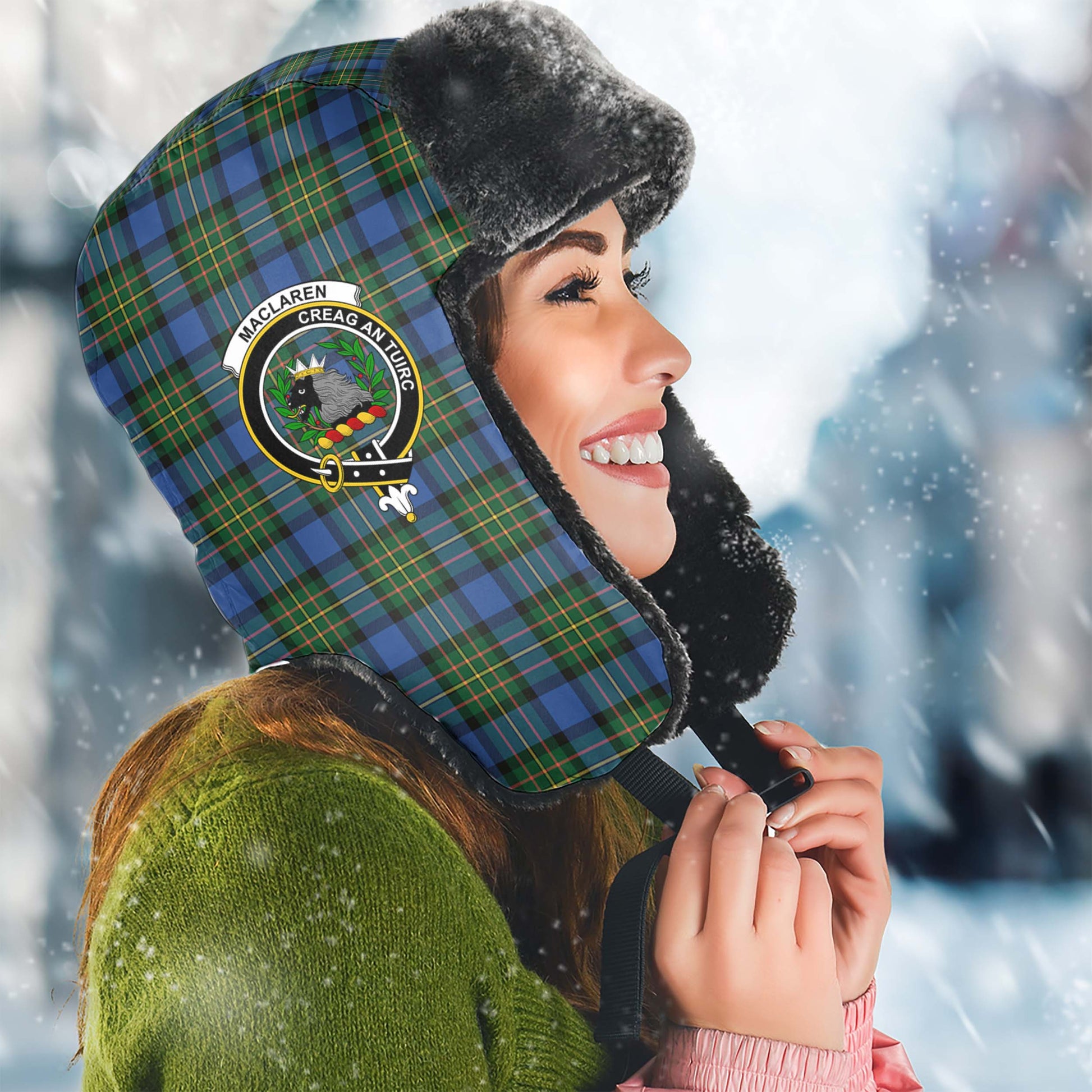 MacLaren Ancient Tartan Winter Trapper Hat with Family Crest Winter Trapper Hat Universal Fit Circumference 22.8in (58cm) - Tartanvibesclothing