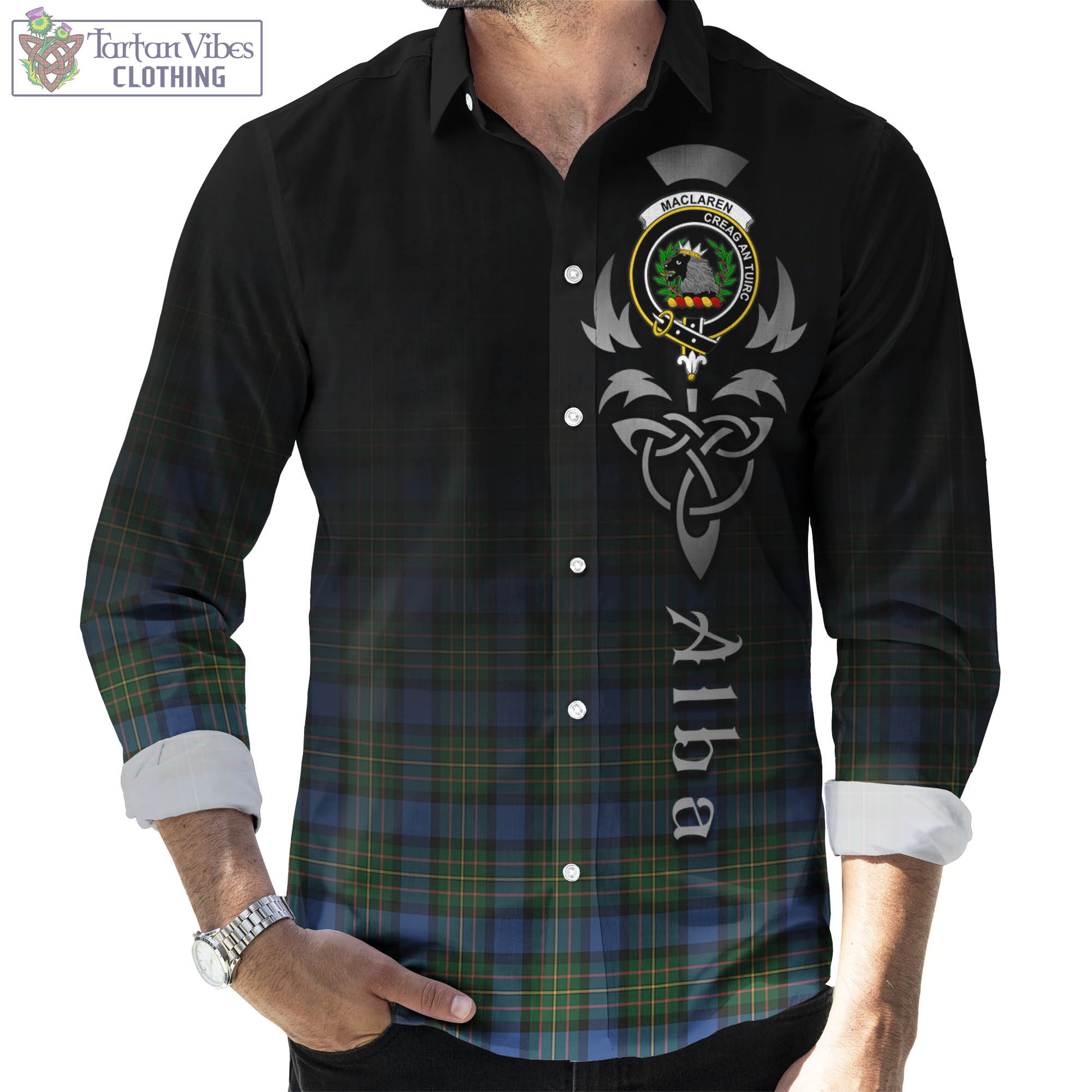 Tartan Vibes Clothing MacLaren Ancient Tartan Long Sleeve Button Up Featuring Alba Gu Brath Family Crest Celtic Inspired