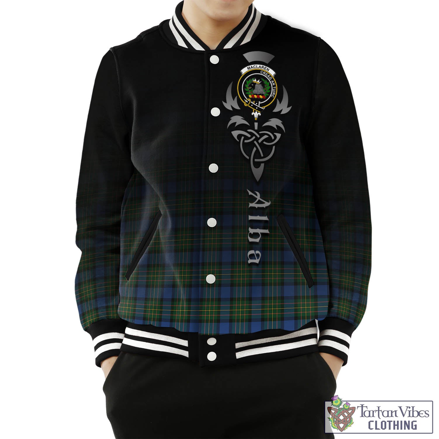 Tartan Vibes Clothing MacLaren Ancient Tartan Baseball Jacket Featuring Alba Gu Brath Family Crest Celtic Inspired