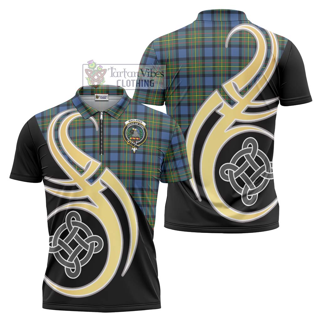 Tartan Vibes Clothing MacLaren Ancient Tartan Zipper Polo Shirt with Family Crest and Celtic Symbol Style