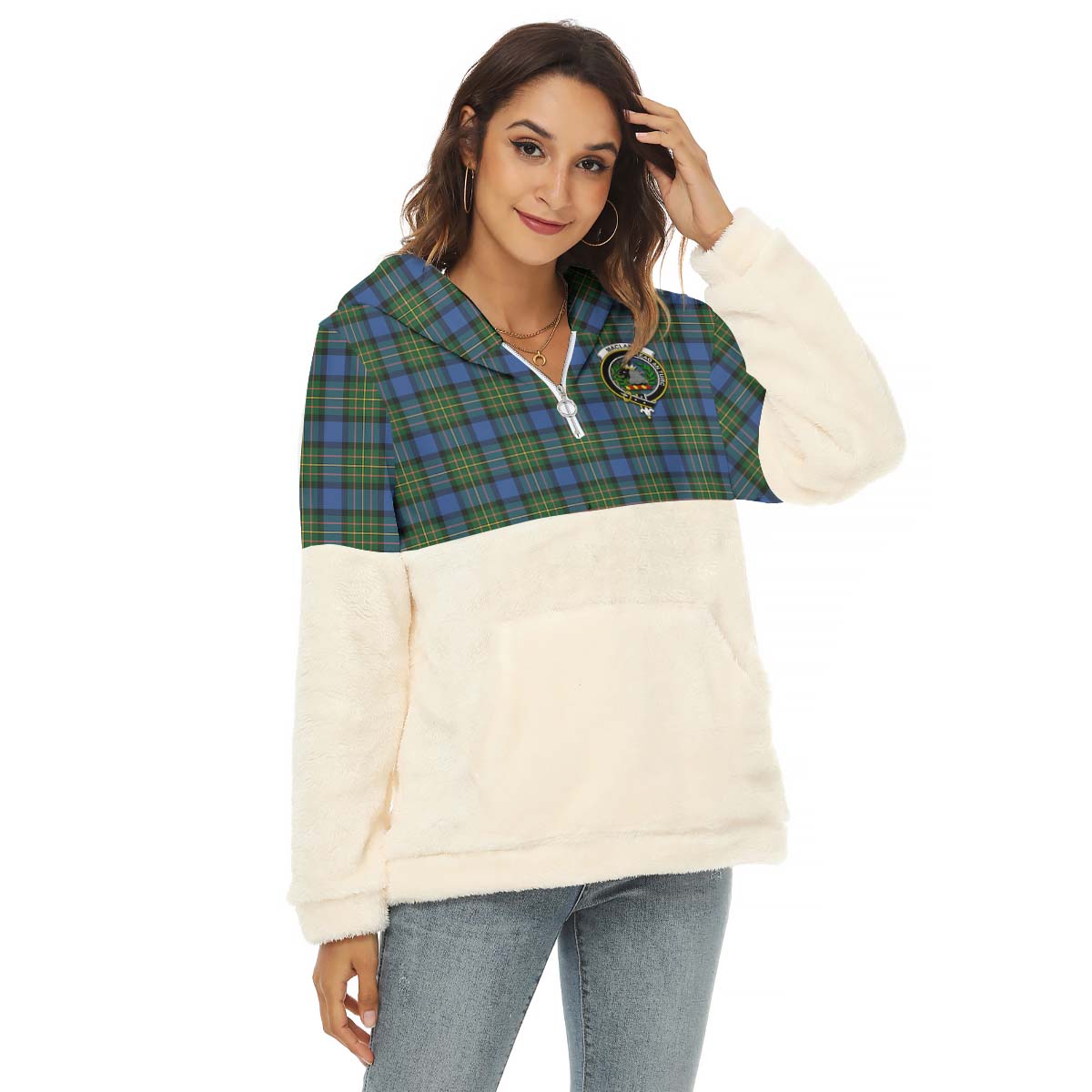 MacLaren Ancient Tartan Women's Borg Fleece Hoodie With Half Zip with Family Crest Female - Tartan Vibes Clothing