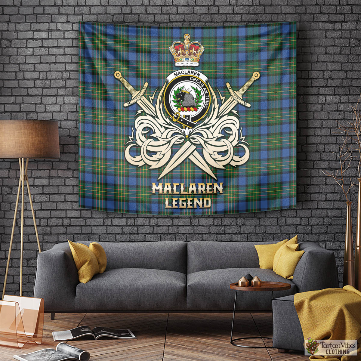 Tartan Vibes Clothing MacLaren Ancient Tartan Tapestry with Clan Crest and the Golden Sword of Courageous Legacy