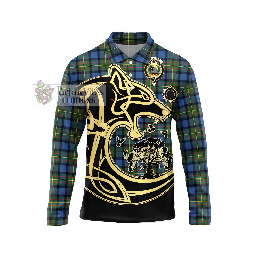 MacLaren Ancient Tartan Long Sleeve Polo Shirt with Family Crest Celtic Wolf Style Unisex - Tartanvibesclothing Shop