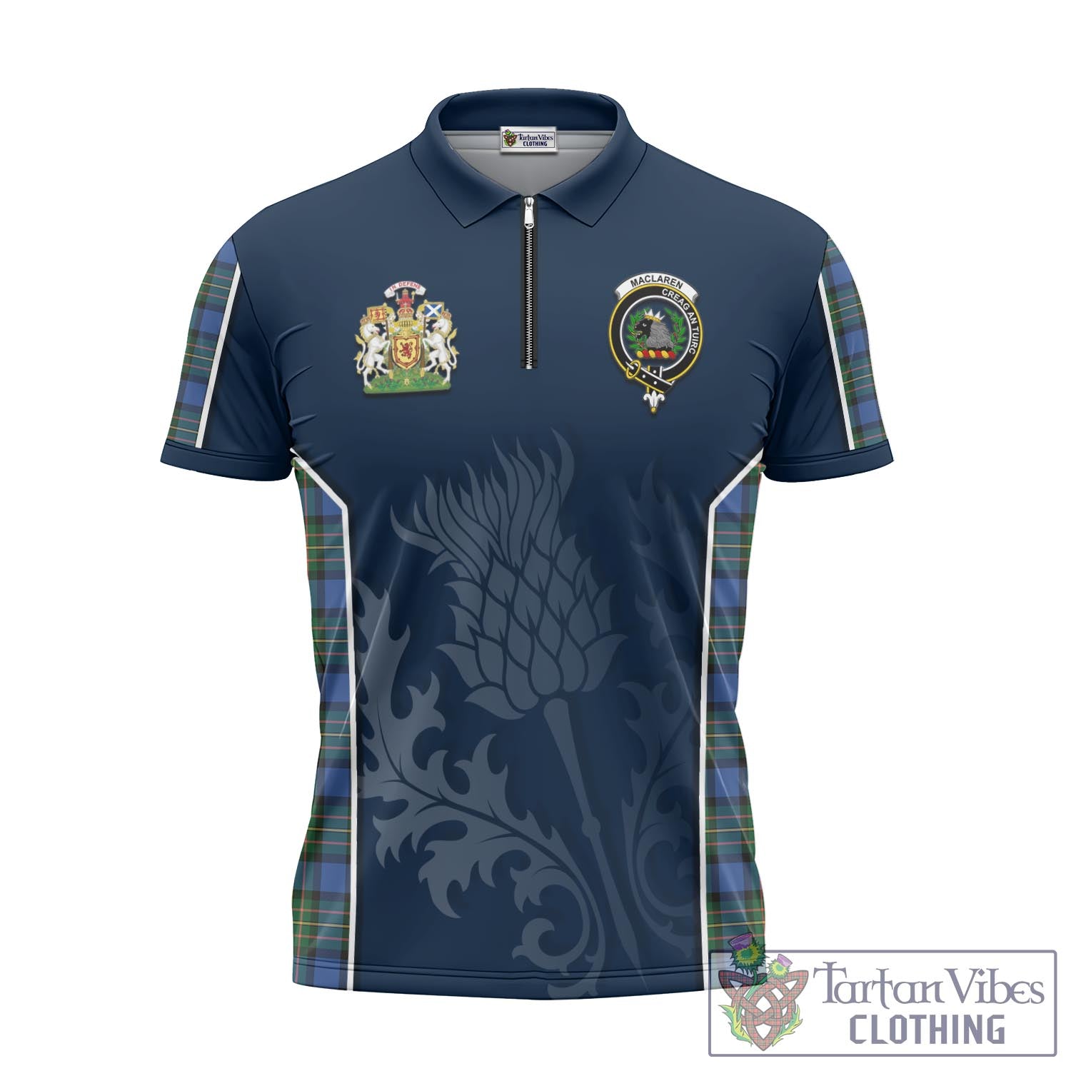 Tartan Vibes Clothing MacLaren Ancient Tartan Zipper Polo Shirt with Family Crest and Scottish Thistle Vibes Sport Style