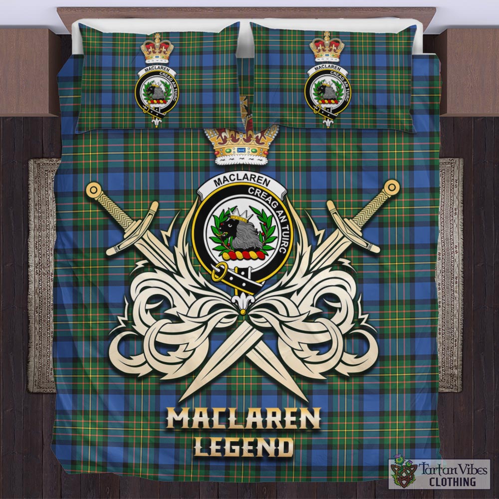 Tartan Vibes Clothing MacLaren Ancient Tartan Bedding Set with Clan Crest and the Golden Sword of Courageous Legacy