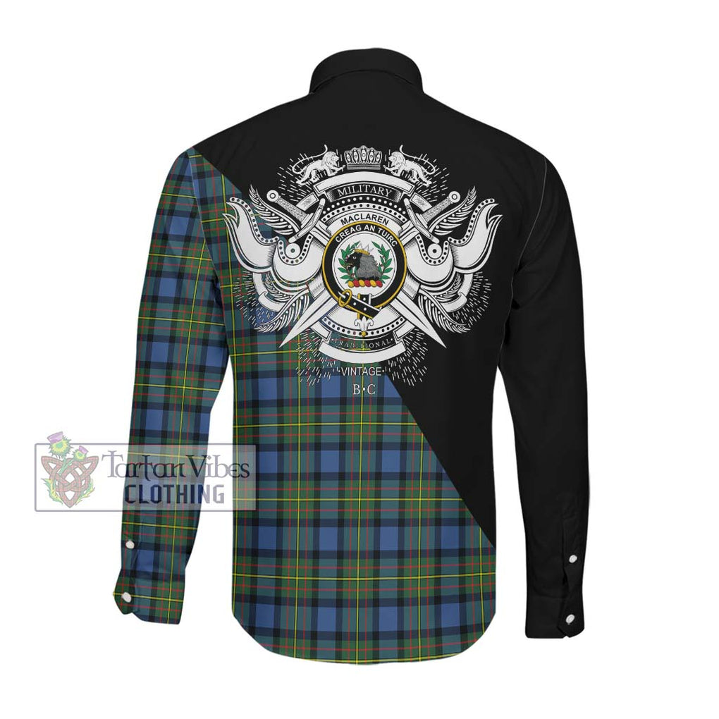 MacLaren Ancient Tartan Long Sleeve Button Shirt with Family Crest and Military Logo Style Men's Shirt - Tartanvibesclothing Shop