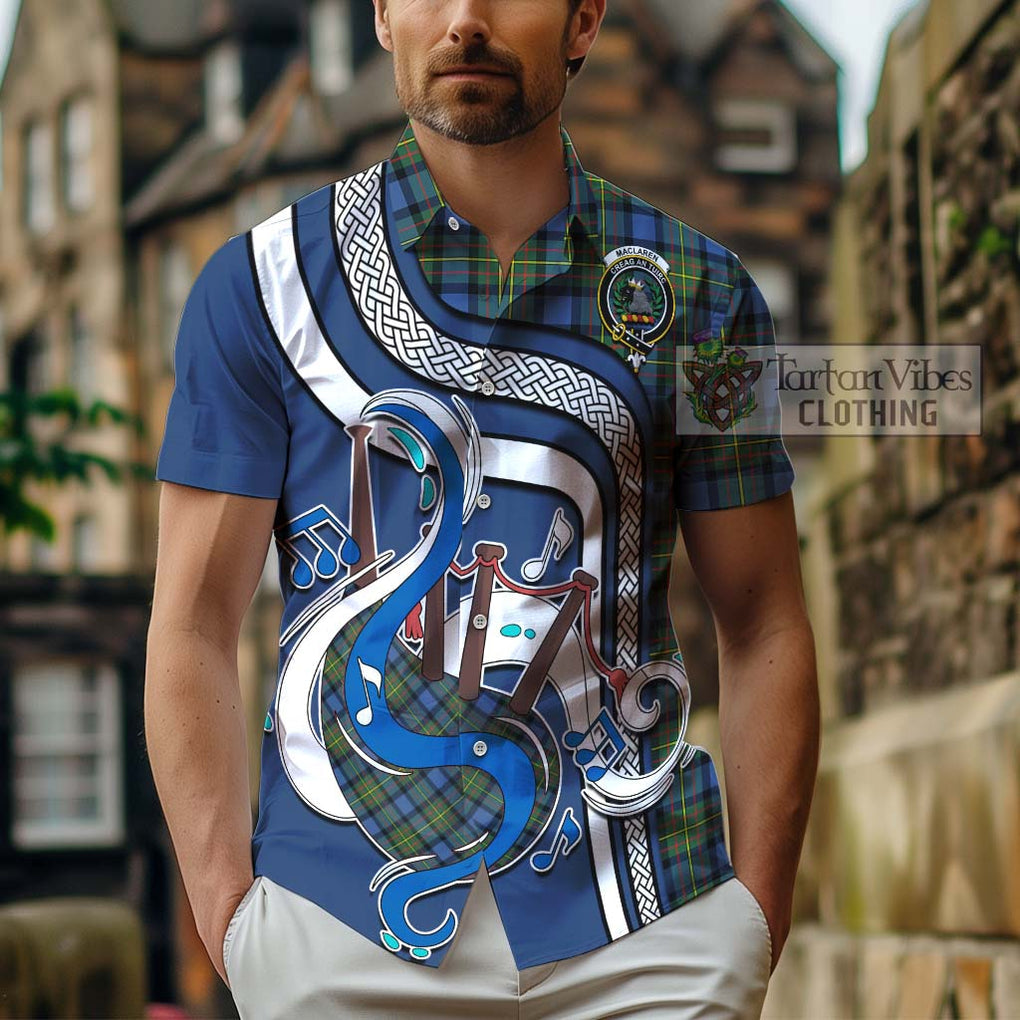 MacLaren Ancient Tartan Short Sleeve Button Shirt with Epic Bagpipe Style - Tartanvibesclothing Shop