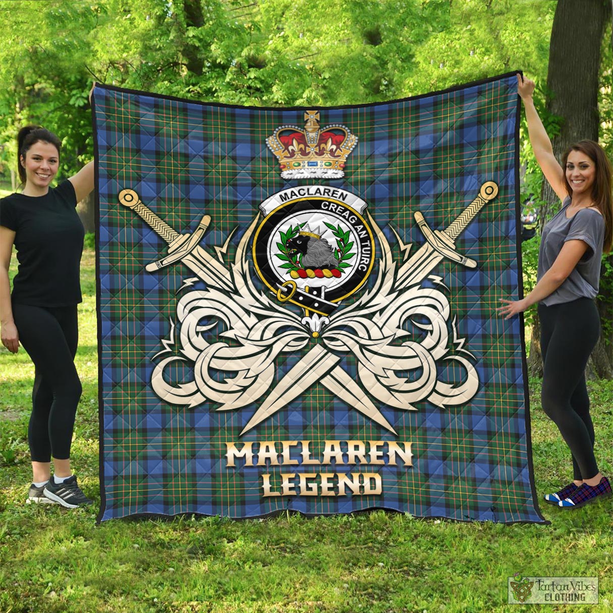 Tartan Vibes Clothing MacLaren Ancient Tartan Quilt with Clan Crest and the Golden Sword of Courageous Legacy