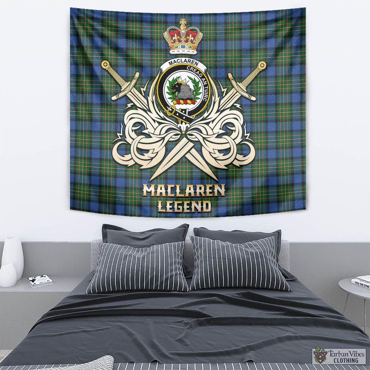 Tartan Vibes Clothing MacLaren Ancient Tartan Tapestry with Clan Crest and the Golden Sword of Courageous Legacy