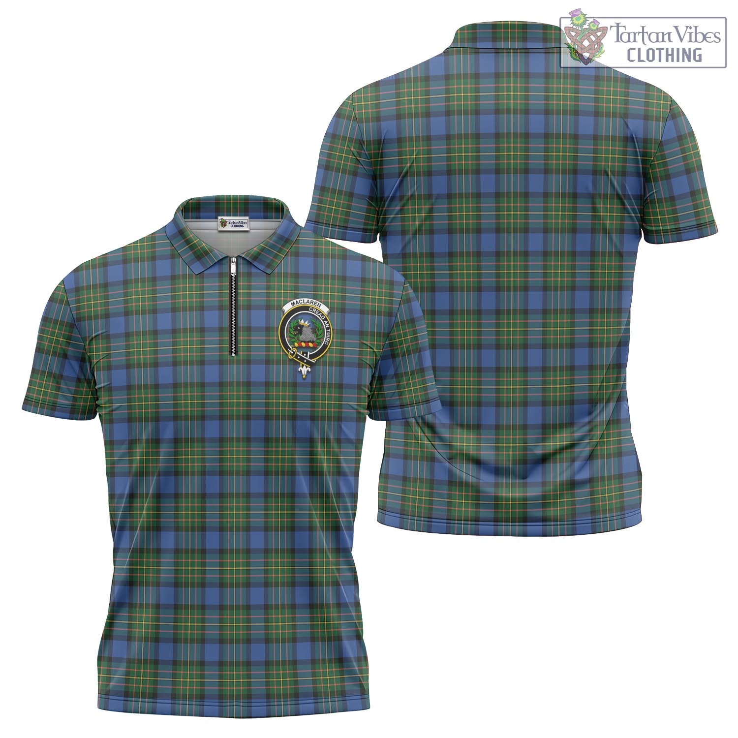 Tartan Vibes Clothing MacLaren Ancient Tartan Zipper Polo Shirt with Family Crest