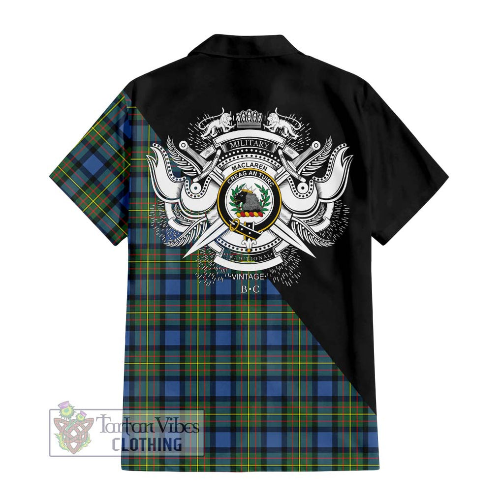 MacLaren Ancient Tartan Short Sleeve Button Shirt with Family Crest and Military Logo Style - Tartanvibesclothing Shop