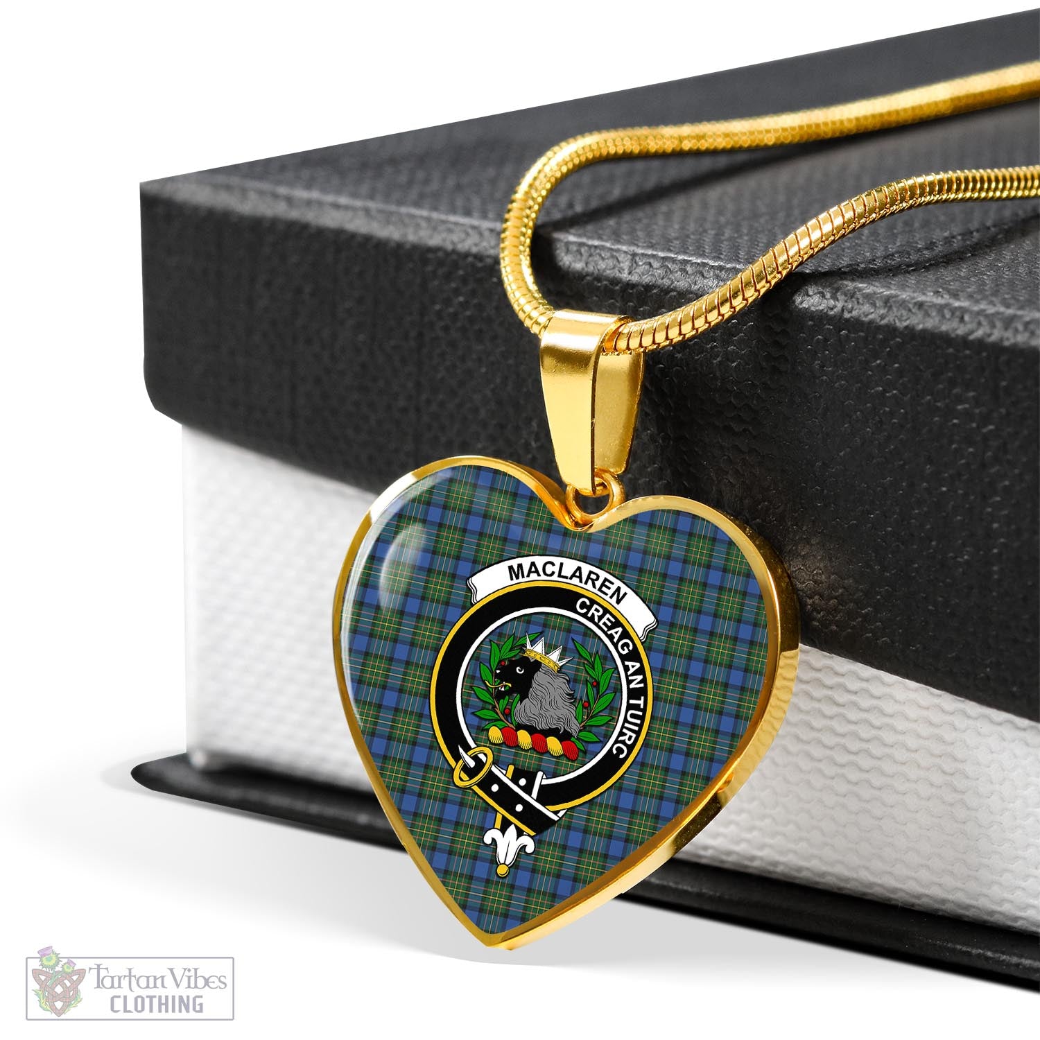 Tartan Vibes Clothing MacLaren Ancient Tartan Heart Necklace with Family Crest