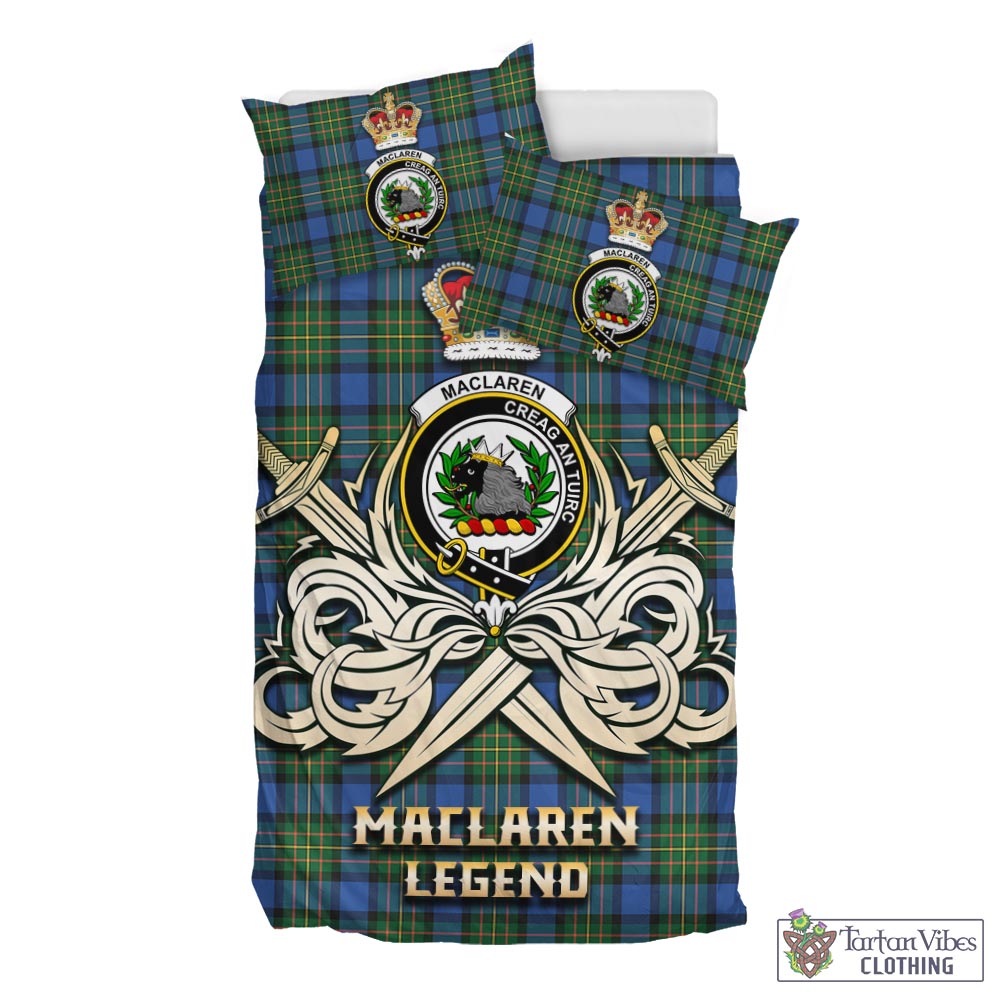 Tartan Vibes Clothing MacLaren Ancient Tartan Bedding Set with Clan Crest and the Golden Sword of Courageous Legacy