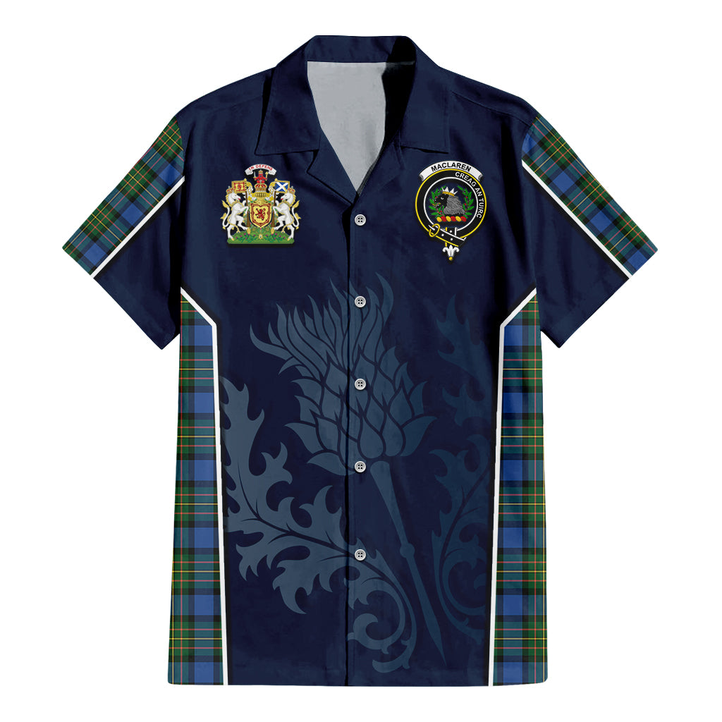 Tartan Vibes Clothing MacLaren Ancient Tartan Short Sleeve Button Up Shirt with Family Crest and Scottish Thistle Vibes Sport Style