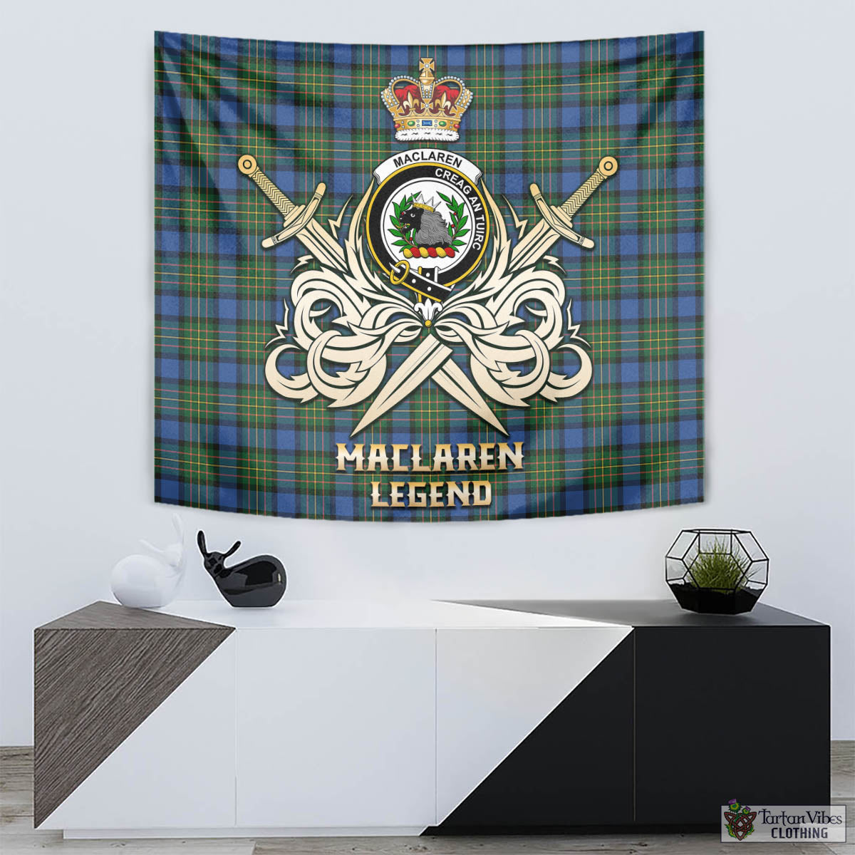 Tartan Vibes Clothing MacLaren Ancient Tartan Tapestry with Clan Crest and the Golden Sword of Courageous Legacy