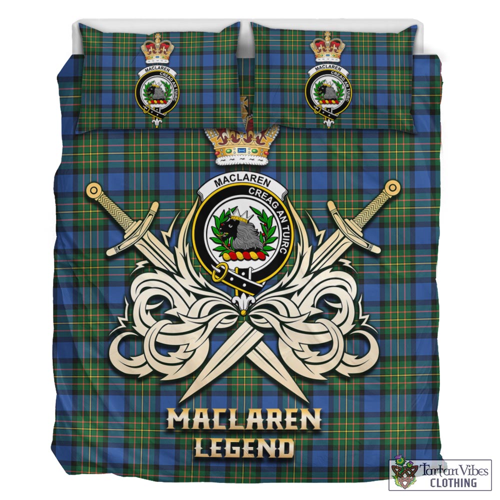 Tartan Vibes Clothing MacLaren Ancient Tartan Bedding Set with Clan Crest and the Golden Sword of Courageous Legacy