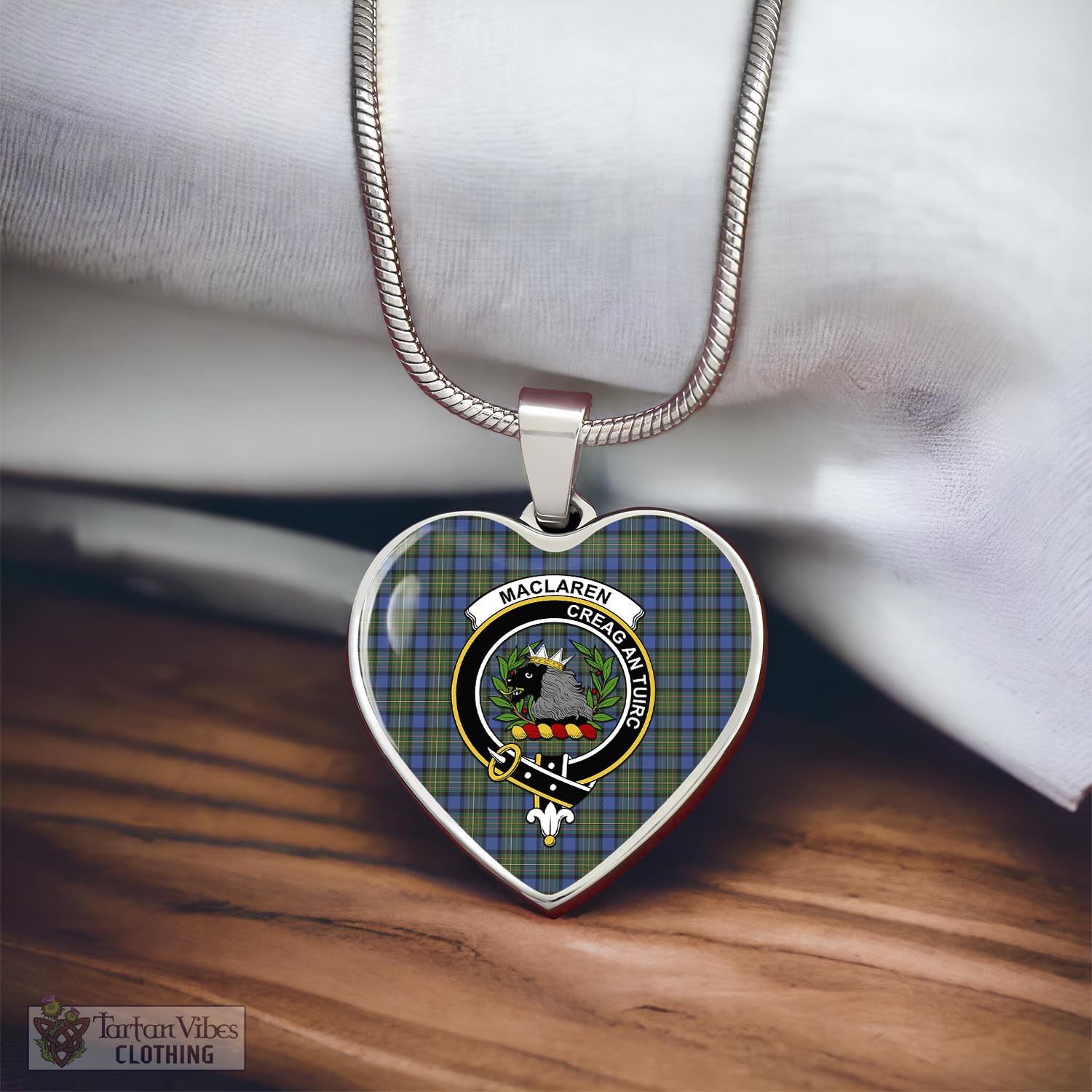 Tartan Vibes Clothing MacLaren Ancient Tartan Heart Necklace with Family Crest