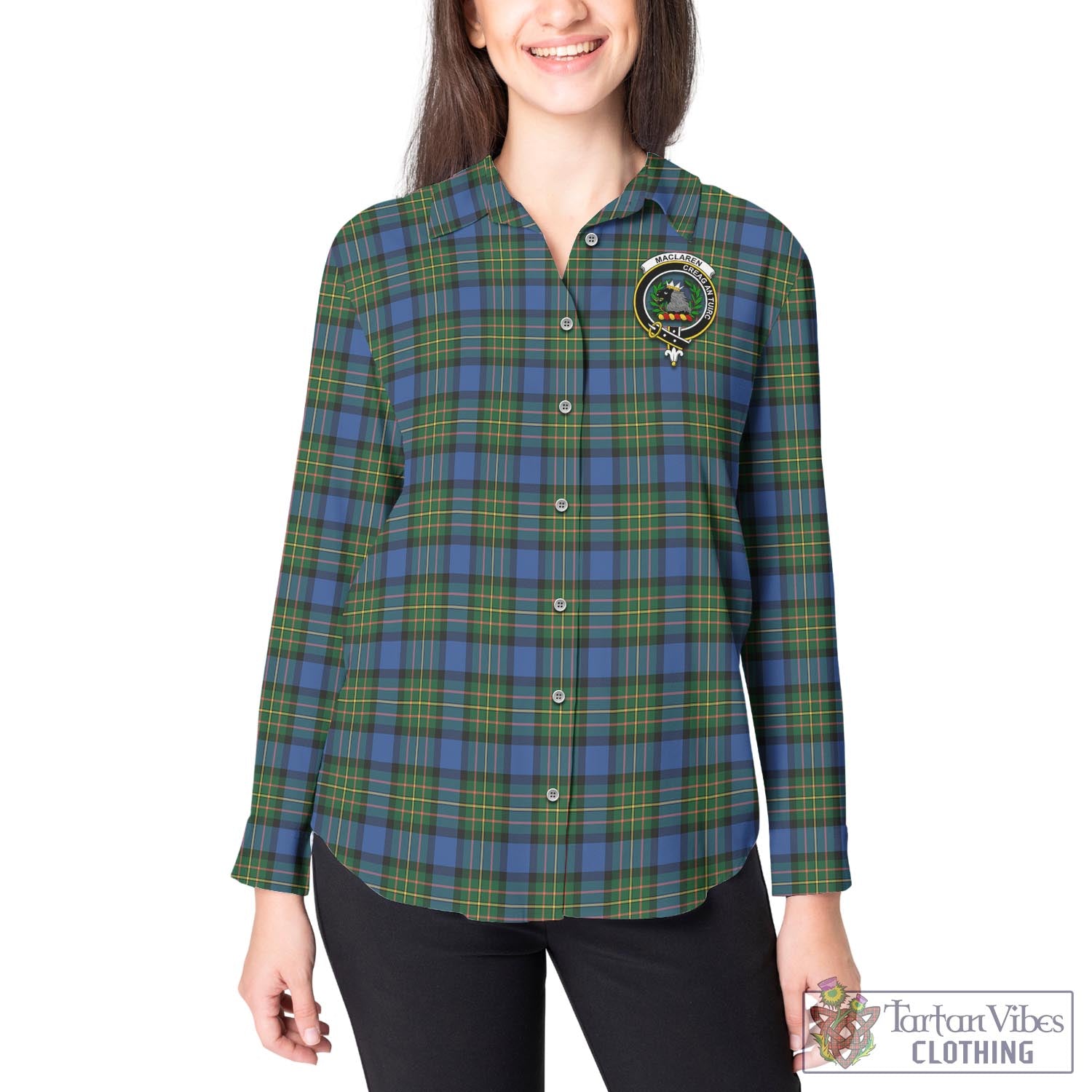 Tartan Vibes Clothing MacLaren Ancient Tartan Womens Casual Shirt with Family Crest