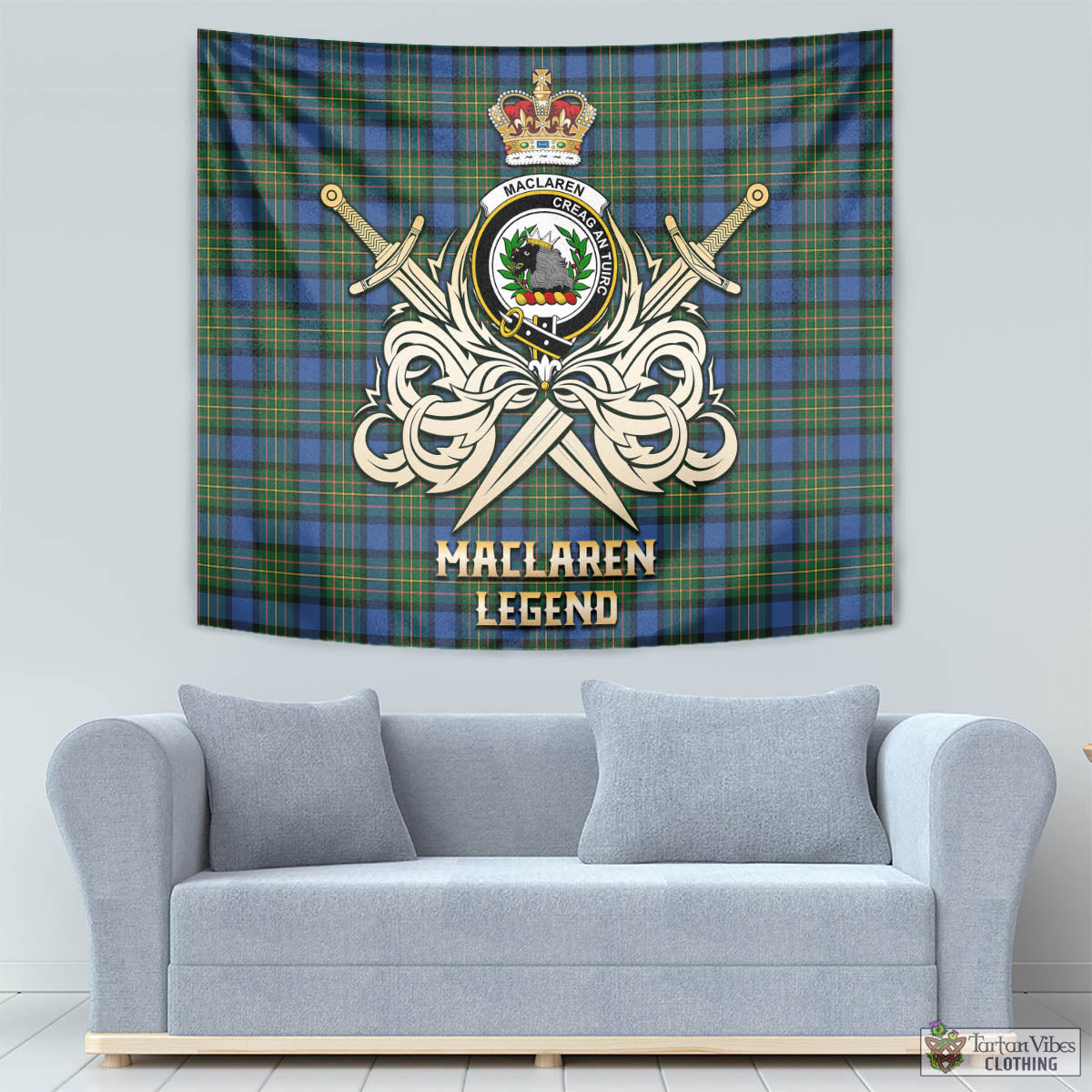 Tartan Vibes Clothing MacLaren Ancient Tartan Tapestry with Clan Crest and the Golden Sword of Courageous Legacy