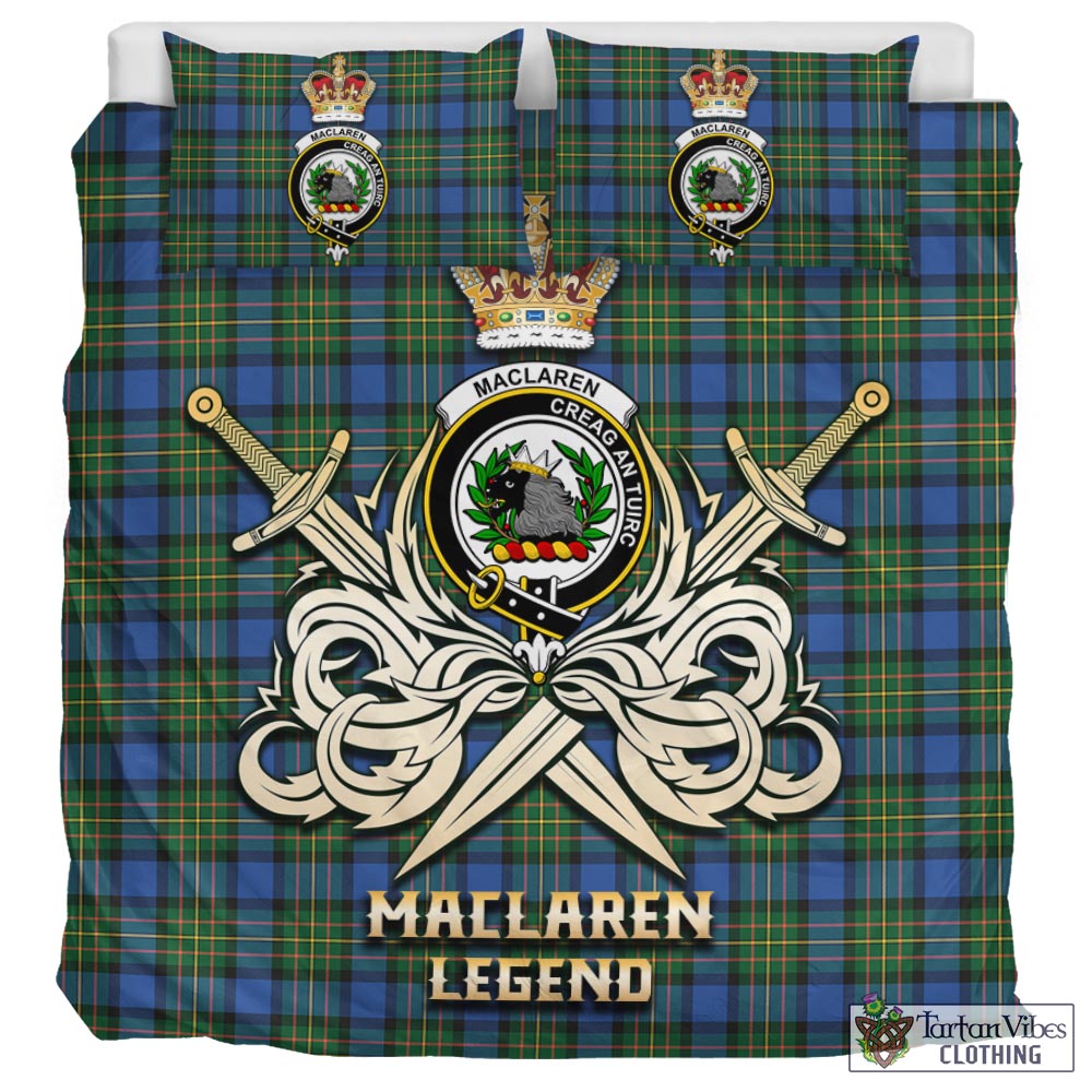 Tartan Vibes Clothing MacLaren Ancient Tartan Bedding Set with Clan Crest and the Golden Sword of Courageous Legacy