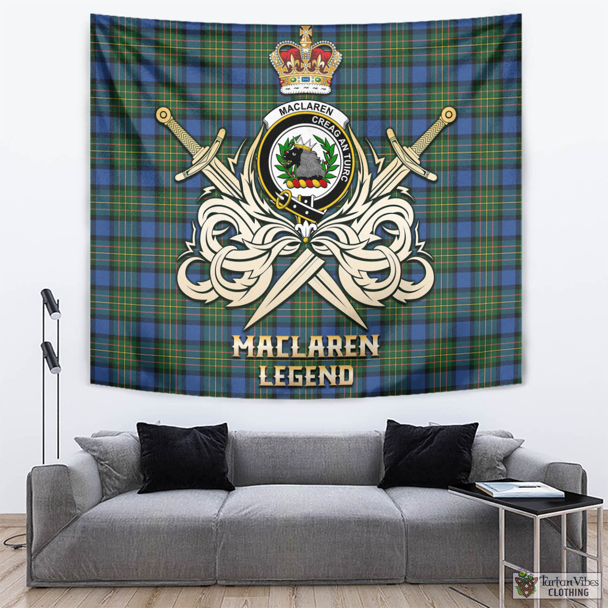 Tartan Vibes Clothing MacLaren Ancient Tartan Tapestry with Clan Crest and the Golden Sword of Courageous Legacy