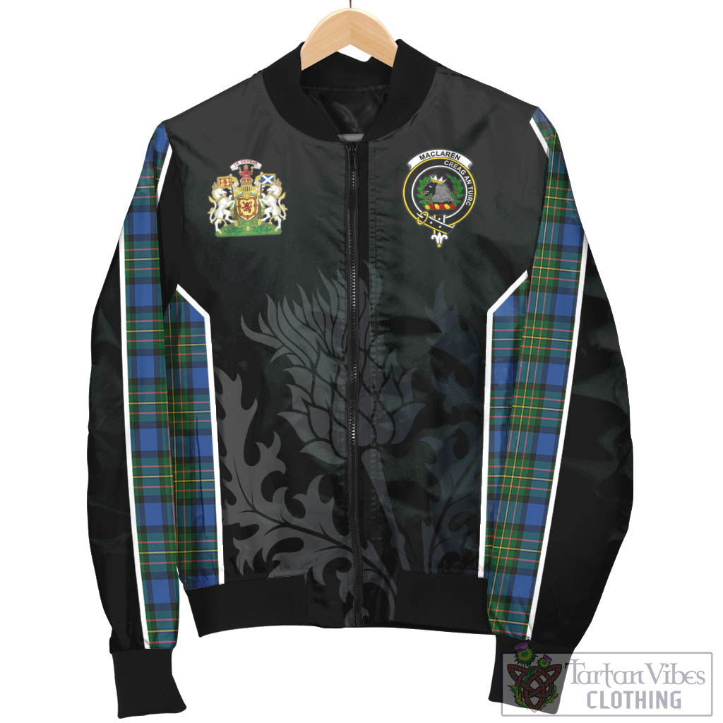 Tartan Vibes Clothing MacLaren Ancient Tartan Bomber Jacket with Family Crest and Scottish Thistle Vibes Sport Style